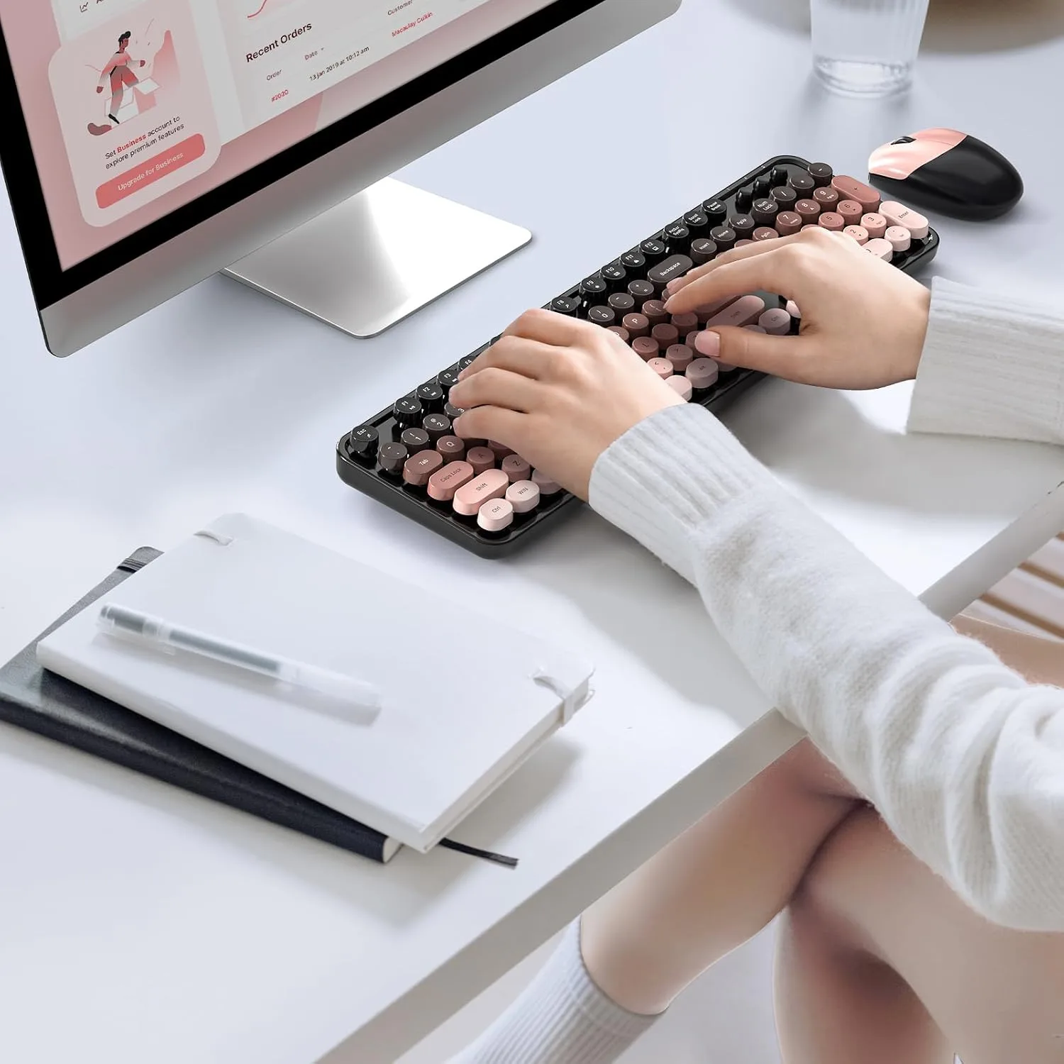 MOFII Wireless Keyboard and Mouse Combo, Full Size 2.4G Plug and Play Typewriter Retro Round Computer Keyboard and Mouse Set for Windows, Computer, Desktop, PC, Notebook - (BlackBerry Gradient)