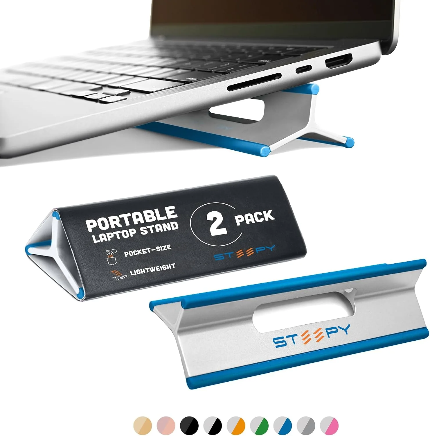 Steepy (2 Pack) - Portable Electronic Device Stand - Lightweight Laptop Stand for Laptops, Smartphones, Tablets, Projectors - Recycled Plastic - Posture Perfection - Cooling Ventilation - Blue Ocean