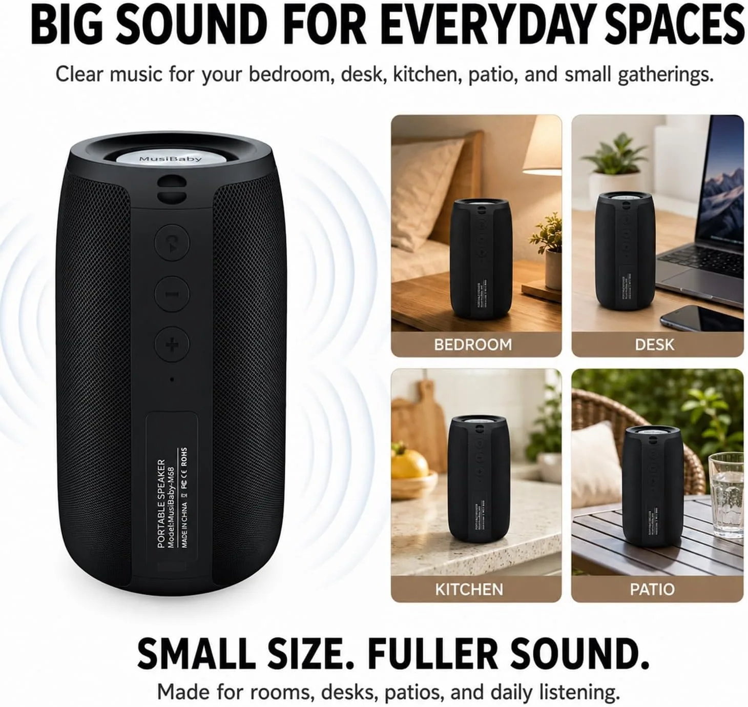 Musibaby M68 Bluetooth Speaker, Portable 12W Small Speaker, Black