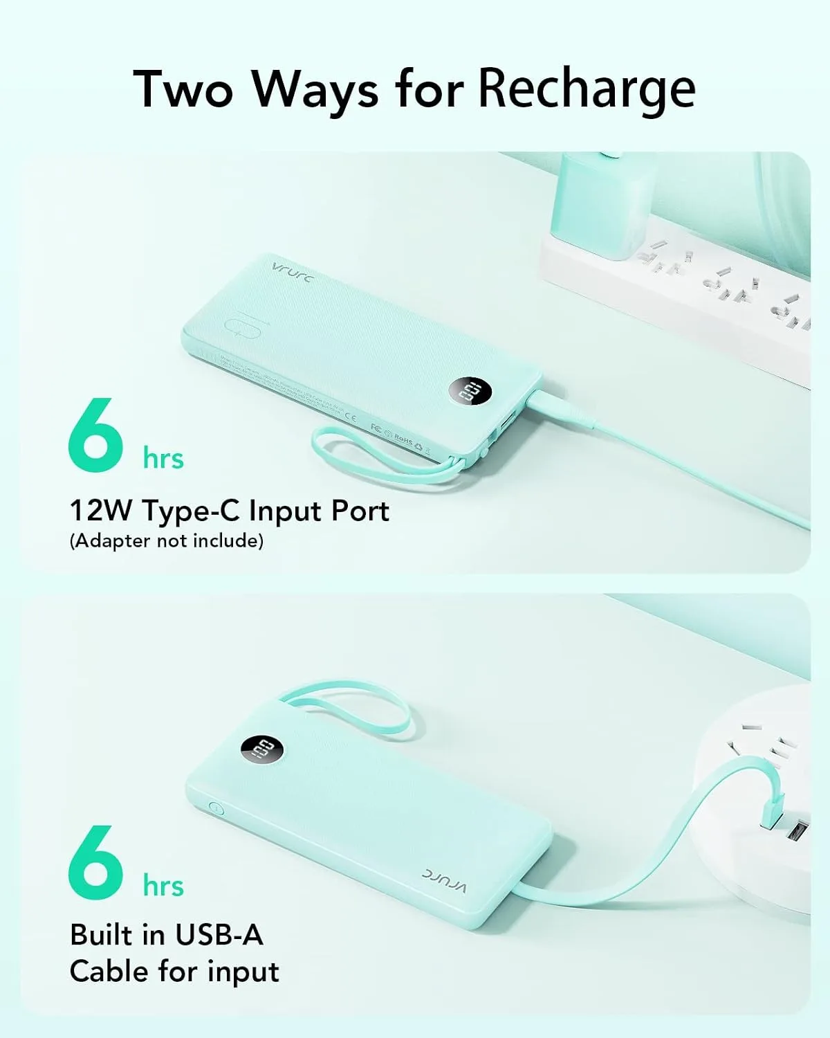 VRURC Portable Charger, Slim Power Bank Built-in 4 Cables, Travel Essential