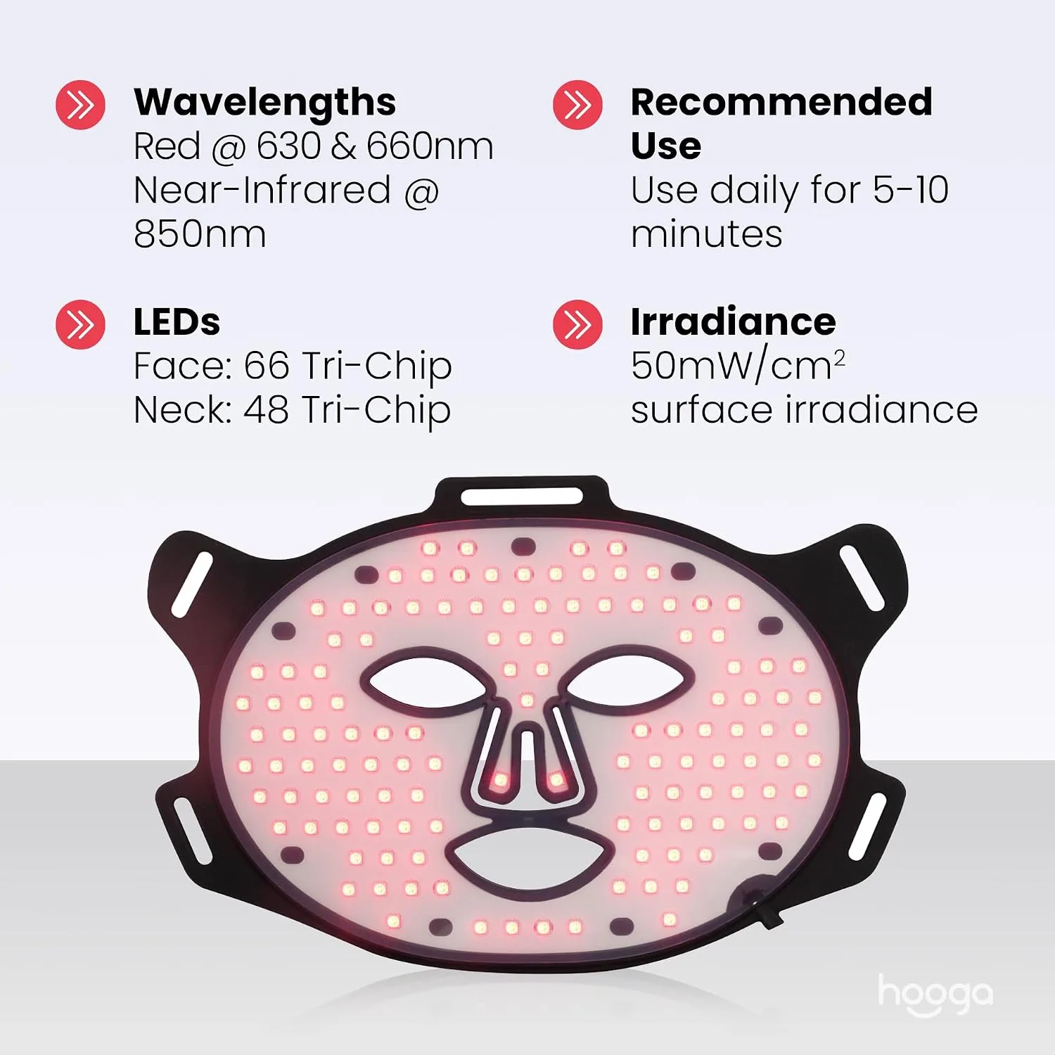 Hooga Red Light Therapy Mask – LED Face Mask, 630nm 660nm Red & 850nm Near Infrared Light Therapy, Tri Chip LEDs, Rechargeable, Adjustable Comfortable Face Mask