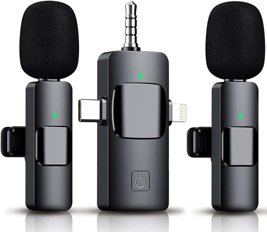 3 in 1 Wireless Lavalier Microphone for iPhone, iPad, Android, Camera,12-Hour Battery, mini Noise Reduction Recording Mic 2.4G Ultra-Low Delay, Microphone for Vlog/ TikTok/YouTube Live Stream( 2 Mic)