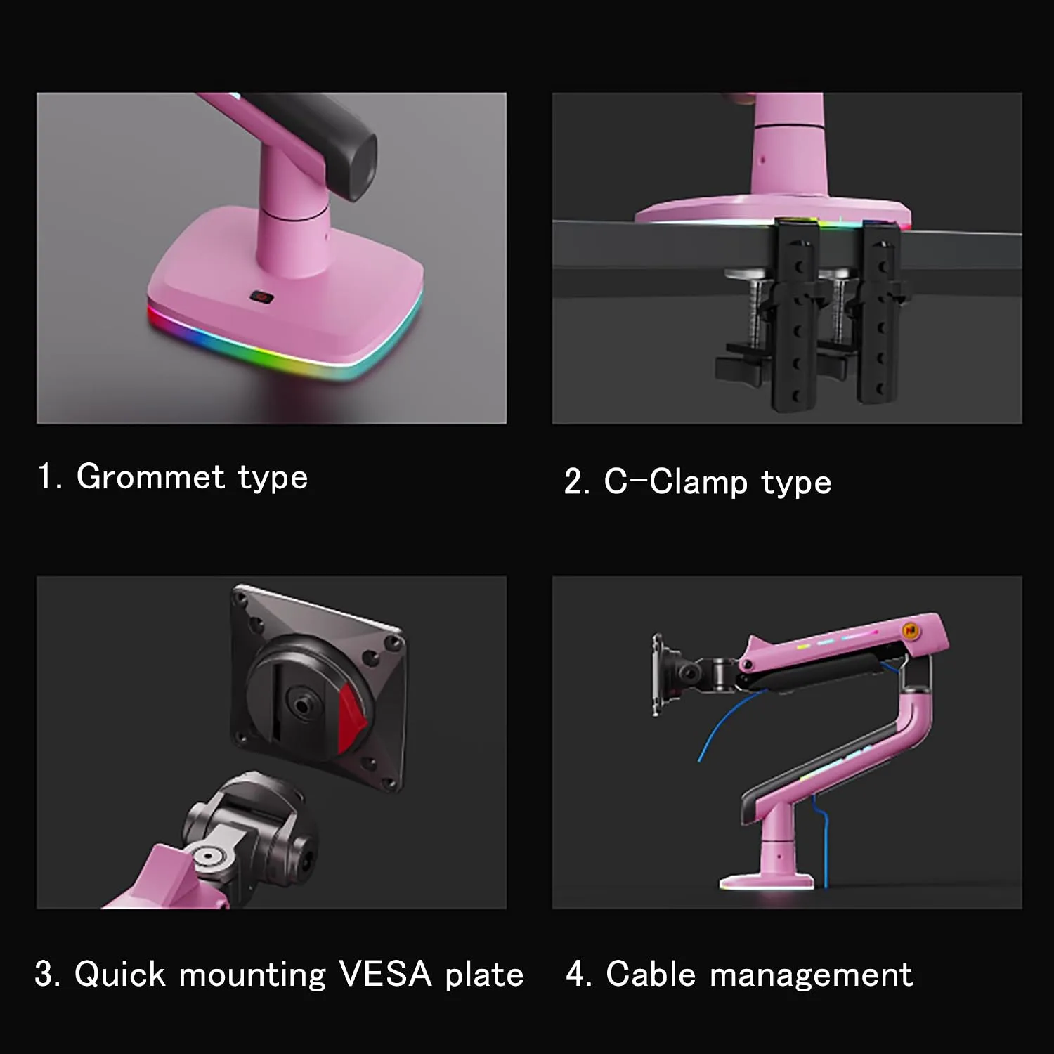 NB Gaming Monitor Arm or for 32 to 60 Inches Screen, Load up to 20 kg, VESA 75/100, RGB-Light, Heavy Duty, Multi Angle Adjustable, Premium Aluminum, Pink