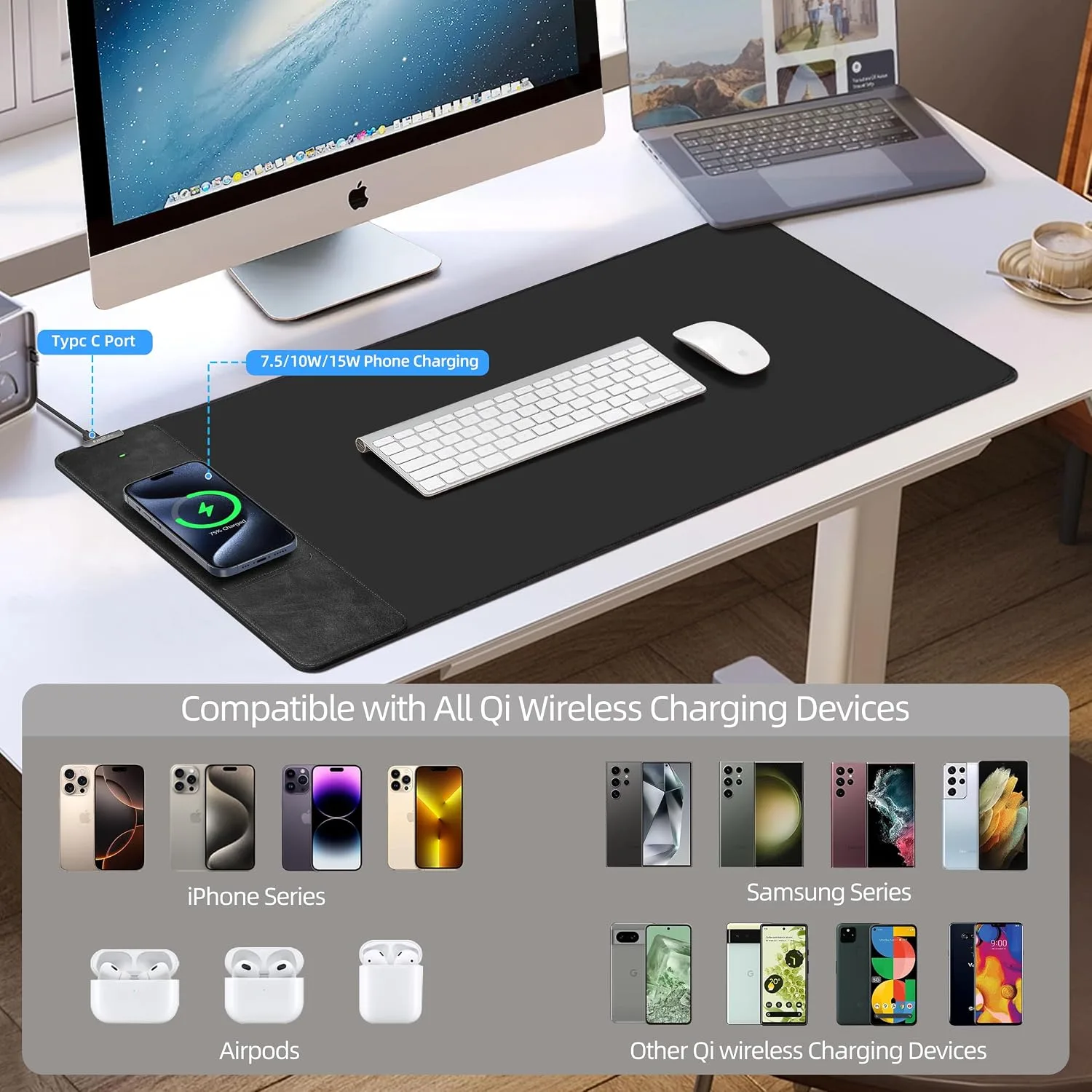Wireless Charging Mouse Pad, Gaming Mouse Pad with Ultra-Smooth Surface, 31.5"x15.75" Large Desk Mat, Non-Slip Rubber Base, Waterproof Computer Keyboard Pad for Gaming, MacBook, Laptop, Desk