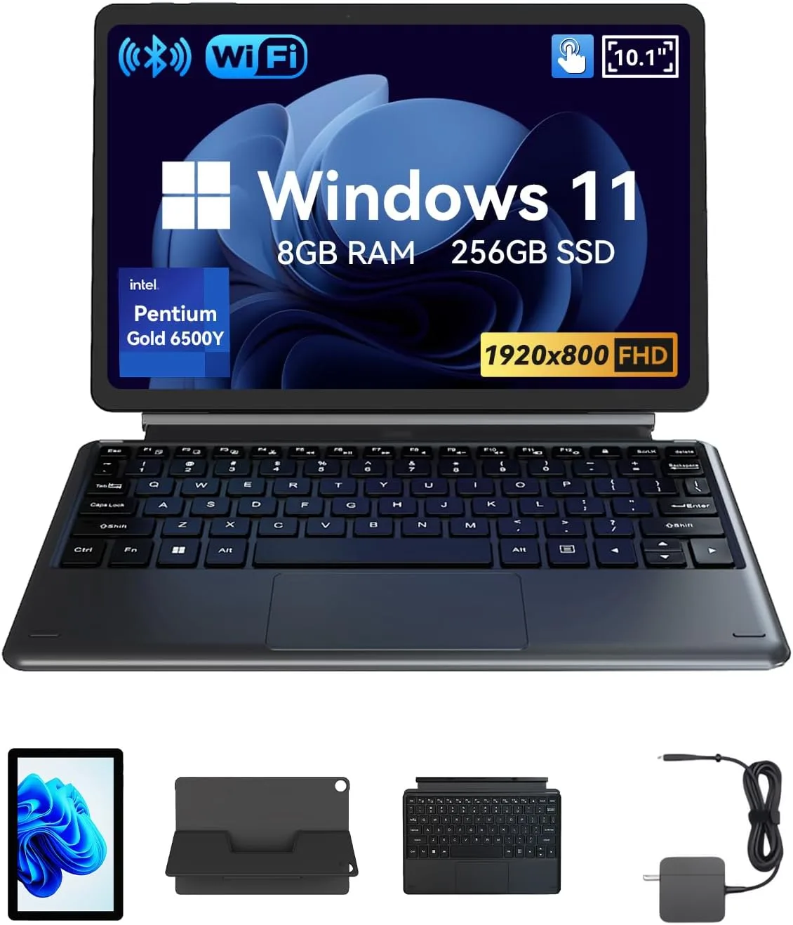 NewBook 10 10.1 inch 2-in-1 Laptop Tablet PC, Win 11 Compatible with Intel Pentium Gold 6500Y, 8GB RAM 256GB SSD, 1920x800 FHD Touchscreen, Micro HDMI/USB-C 3.2 with Magnetic Keyboard & Stand