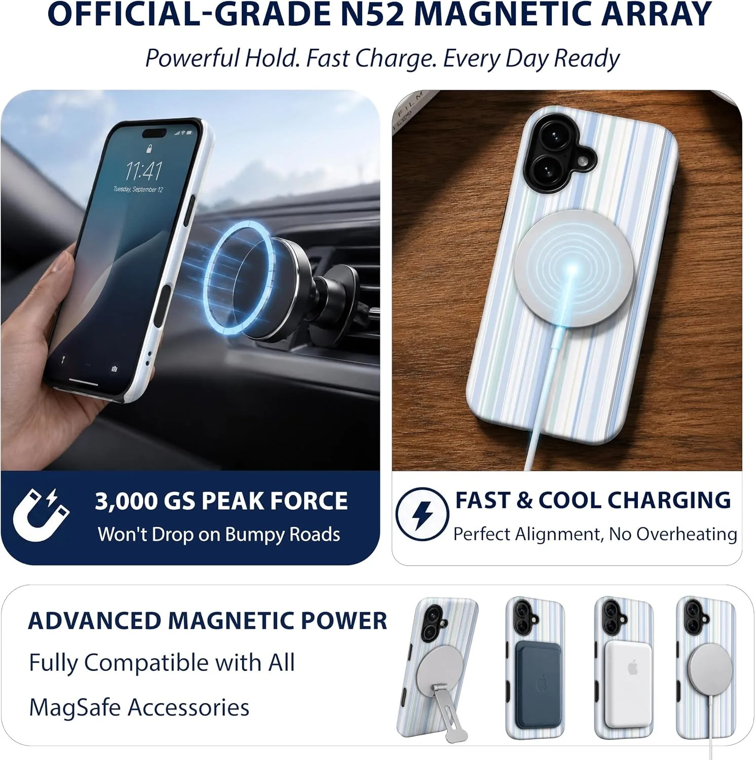 Magnetic for iPhone 17 Phone Case, Cute Trendy Pastel Blue Striped