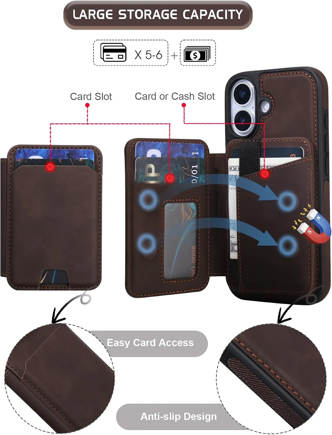 Magnetic Detachable Wallet Case for iPhone 16 with Kickstand,2-in-1 MagSafe Compatible RFID Blocking Card Holder,Slim PU Leather Cover Vintage Brown