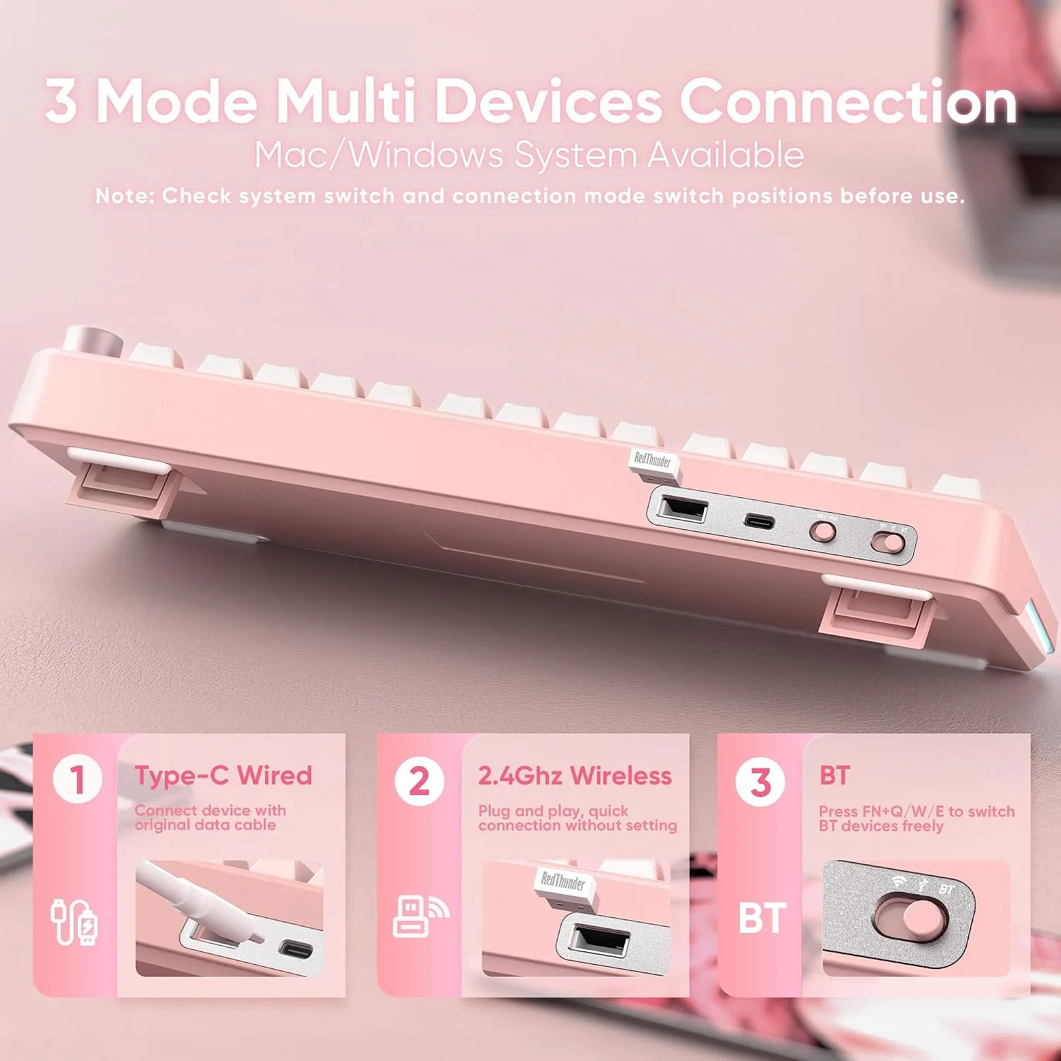 RedThunder K75 Wireless Mechanical Gaming Keyboard, 75% Hot Swappable Creamy Keyboard with Knob, RGB Backlit, Pre-lubed Switches, Side Engraved PBT Keycaps, Wireless/Wired/BT5.0, Gradient Sakura Pink