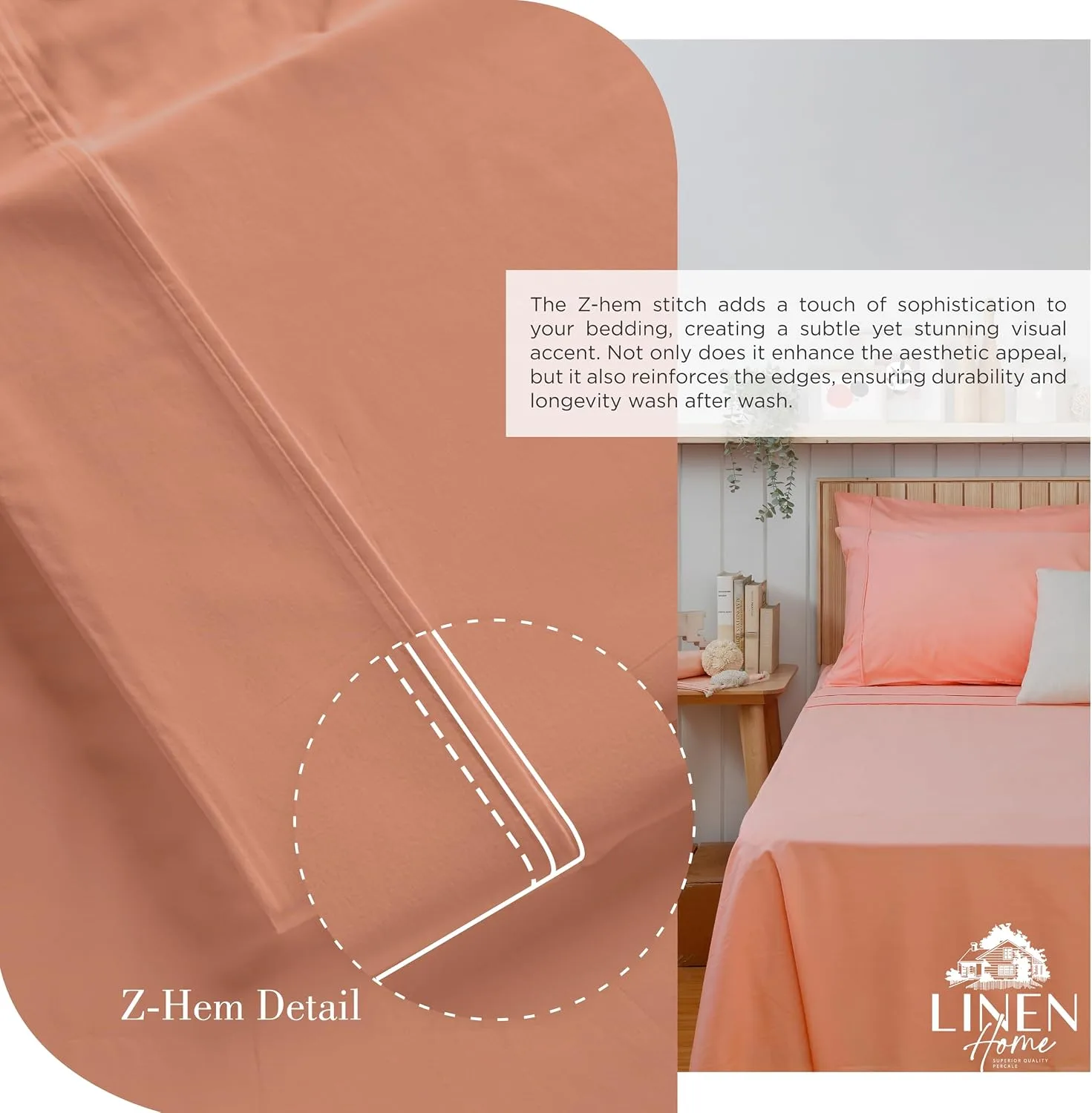 Linen Home 100% Cotton Percale King Sheets, 4 Pc Cooling Set - Tera Clay
