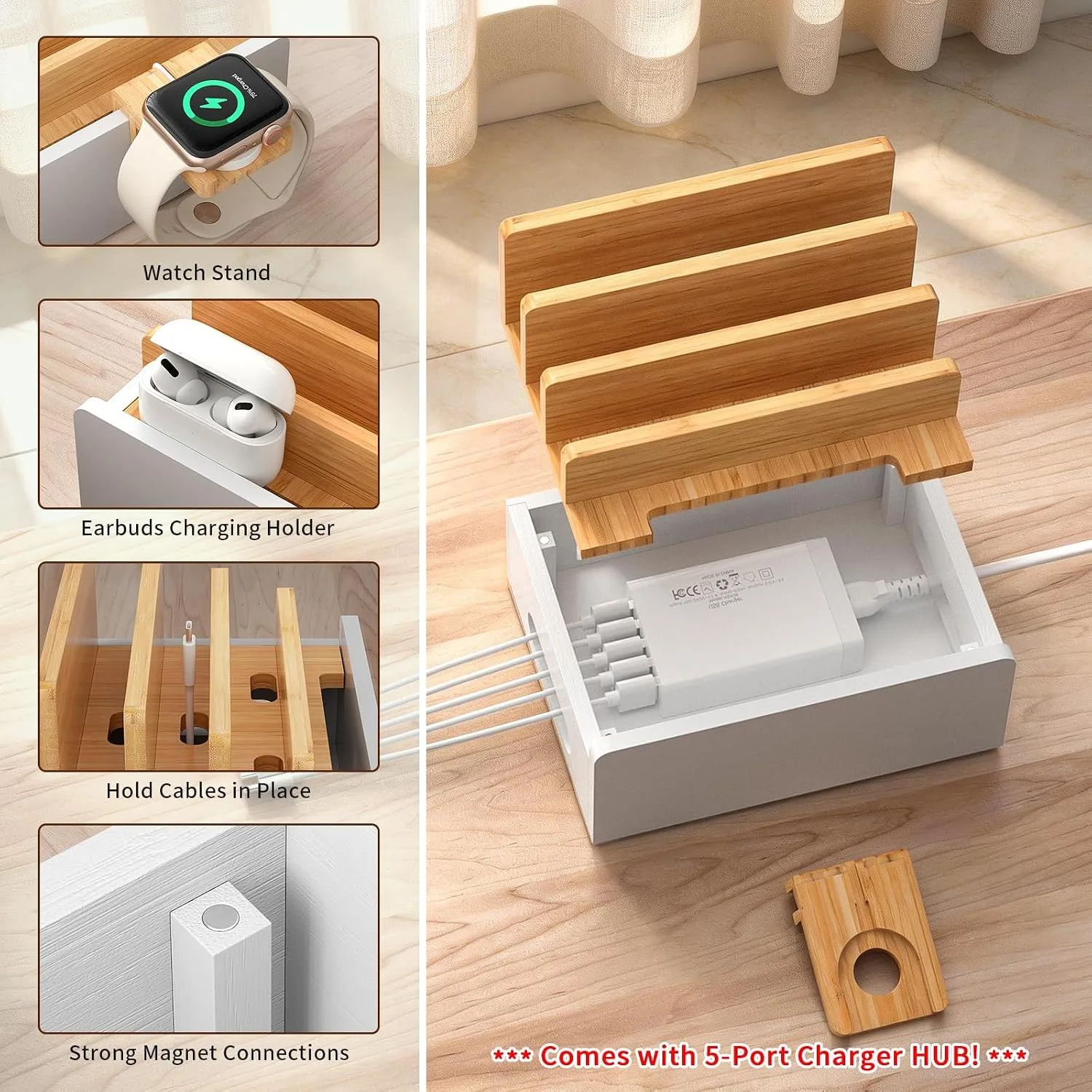 Pezin & Hulin Bamboo Charging Station with USB Charger&Cables-Natural+White