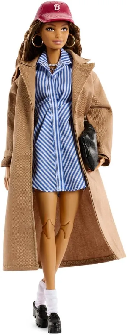 Barbie Signature Collectible @Barbiestyle Fashion Doll, Fashion Week Doll New York Street Style Clothes with Blue Dress, Brown Coat and Accessories