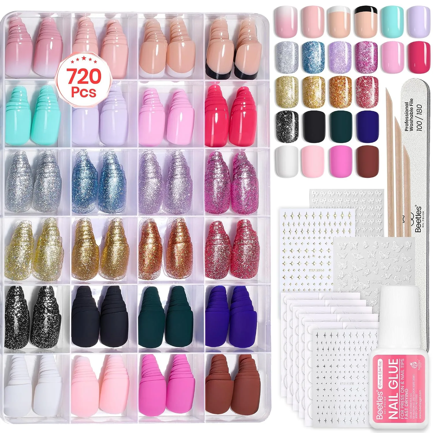 Beetles Press On Nails Kit - Prism Pop | 720Pcs 24 Colors Short Square