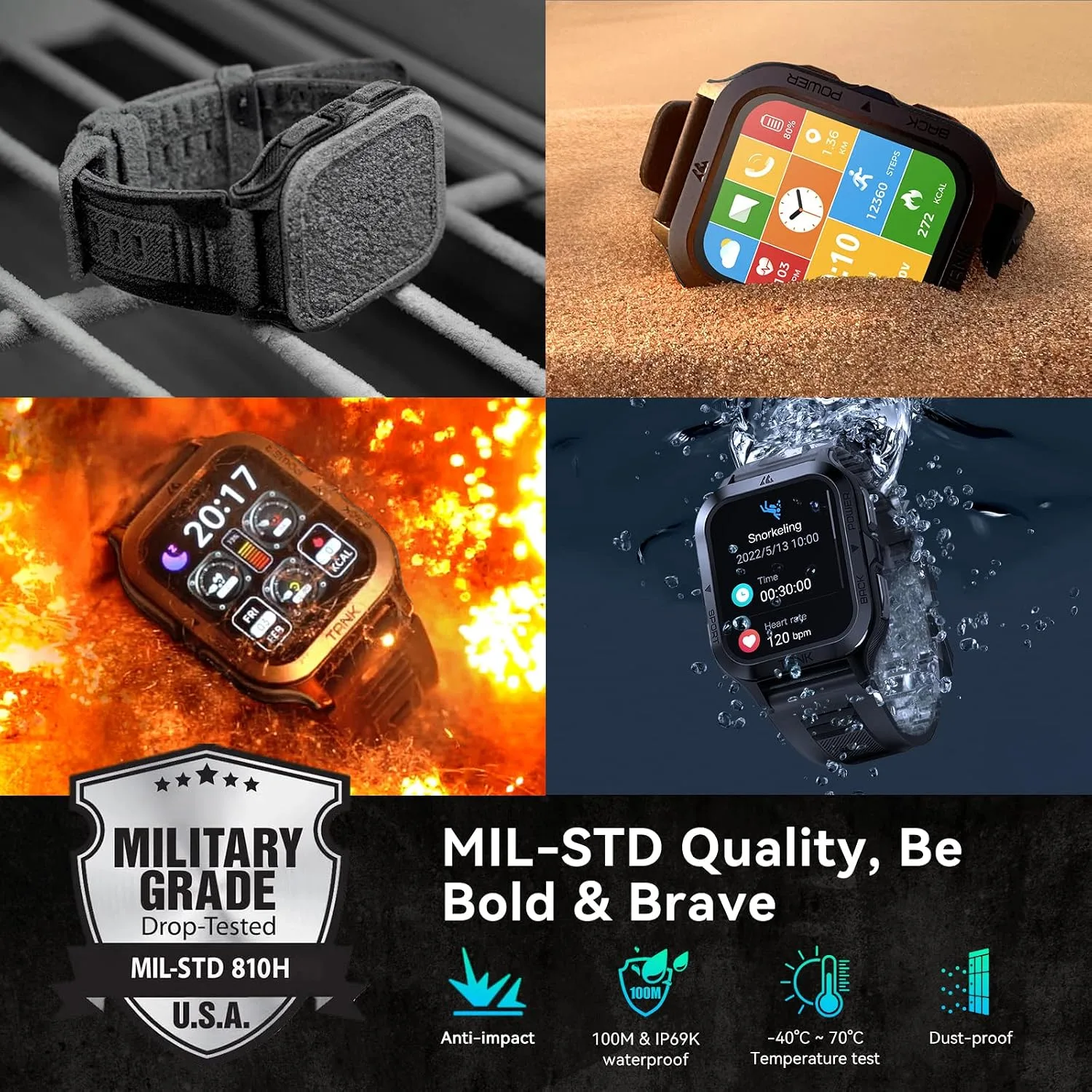 AMAZTIM M2 Smart Watch, 5 ATM & IP69K Waterproof, Extra-Long Battery Life