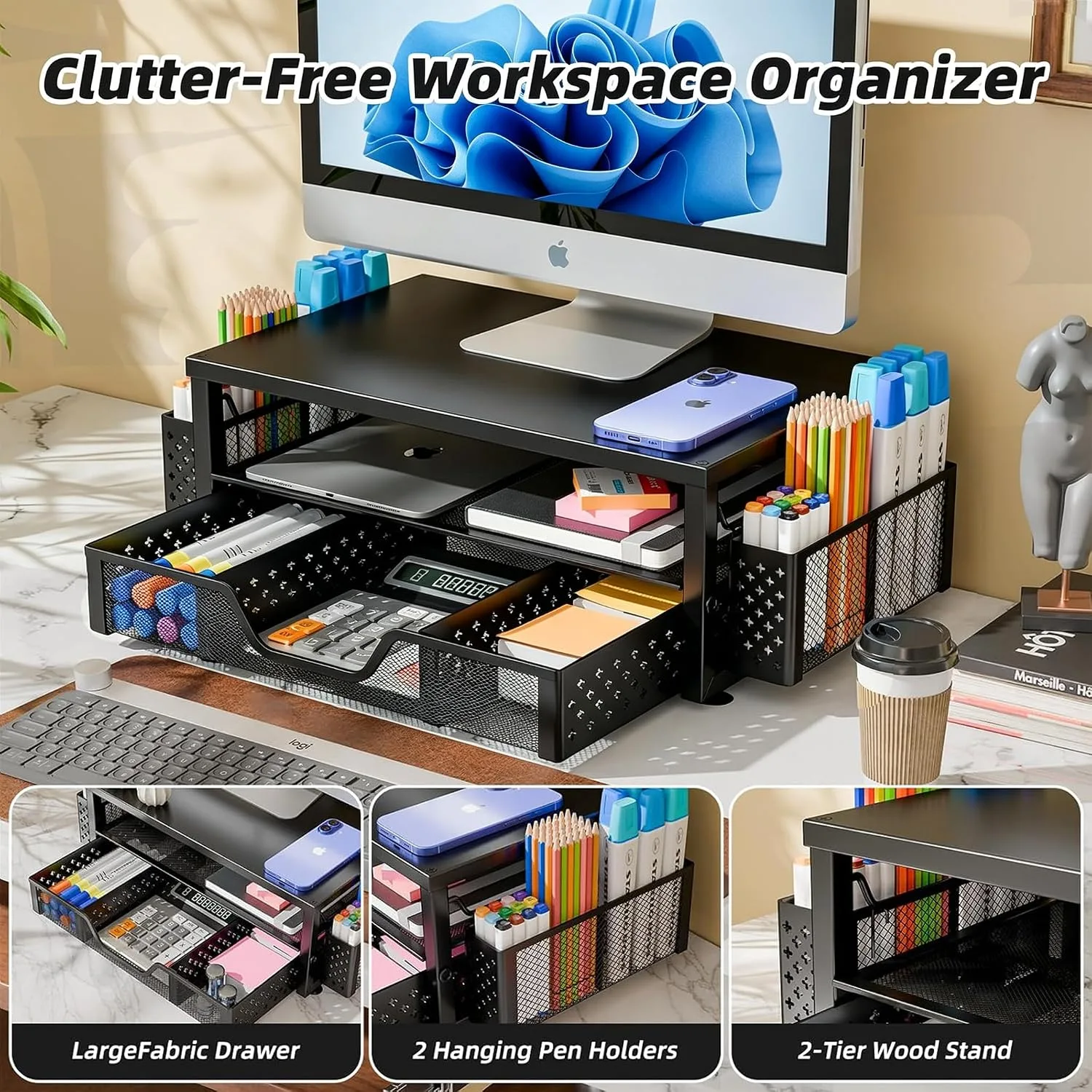 Simple Trending Desk Organizer and Accessories, Monitor Stand Riser, Black