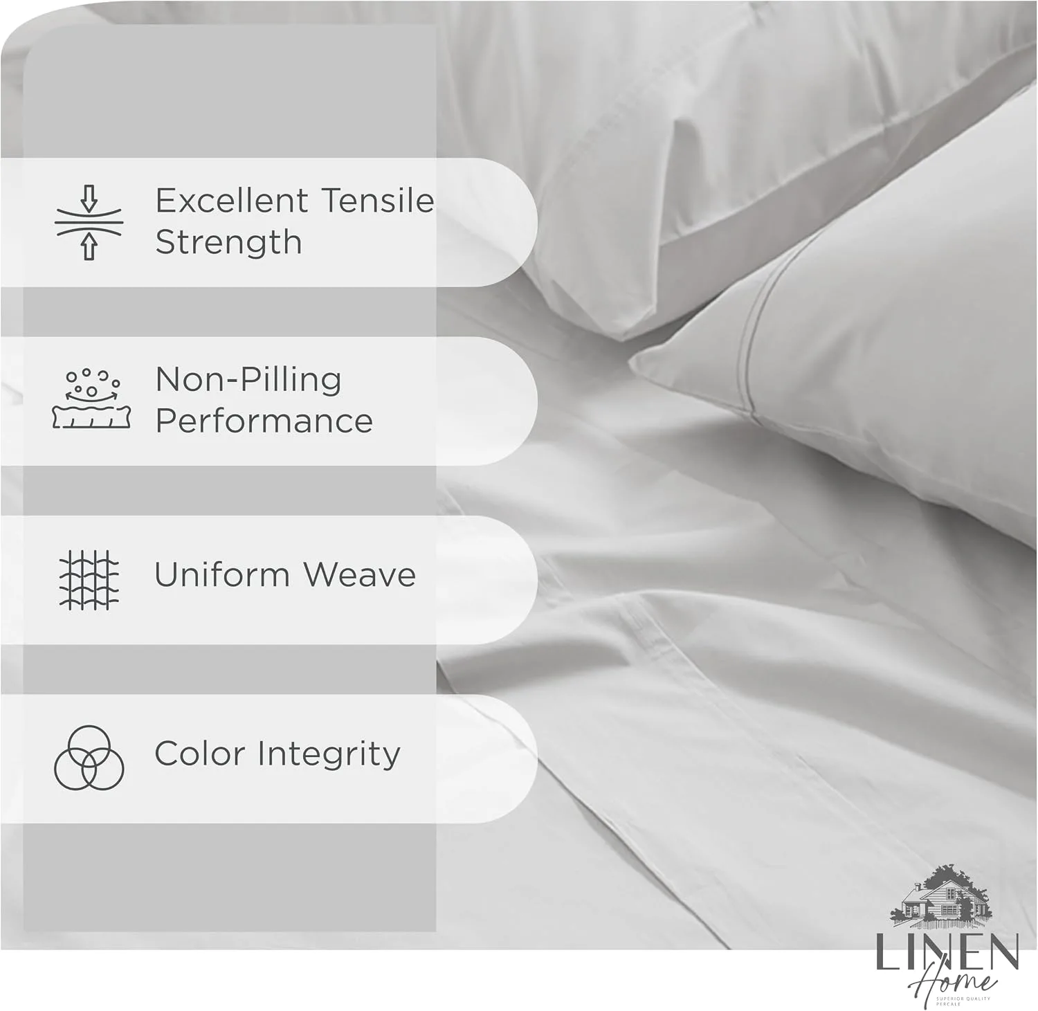 Linen Home 100% Cotton Percale King Sheets, 4 Pc Cooling Set - Silver