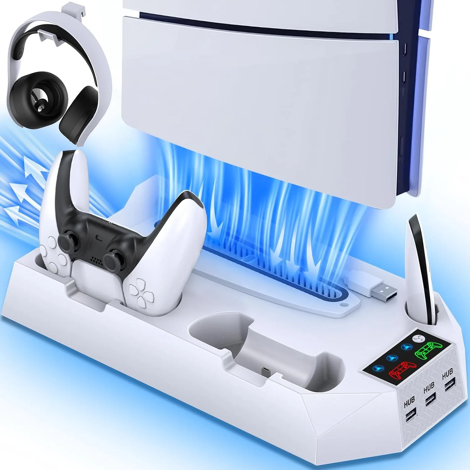 PS5 Slim Stand and Cooling Station with Controller Charging Station for Playsation 5 Slim&Standard Disc/Digital Console, PS5 Accessories Incl. Controller Charger/Turbo Fan/3 USB Hub/Headset Holder
