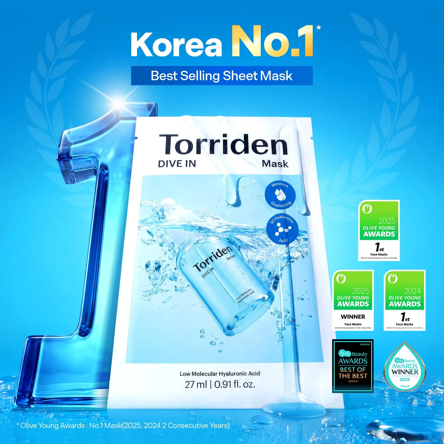 Torriden DIVE IN Hyaluronic Acid Facial Mask (10 sheets) | Deep Hydration Korean Face Sheet Mask | Panthenol & Allantoin | Korean Skincare Mask