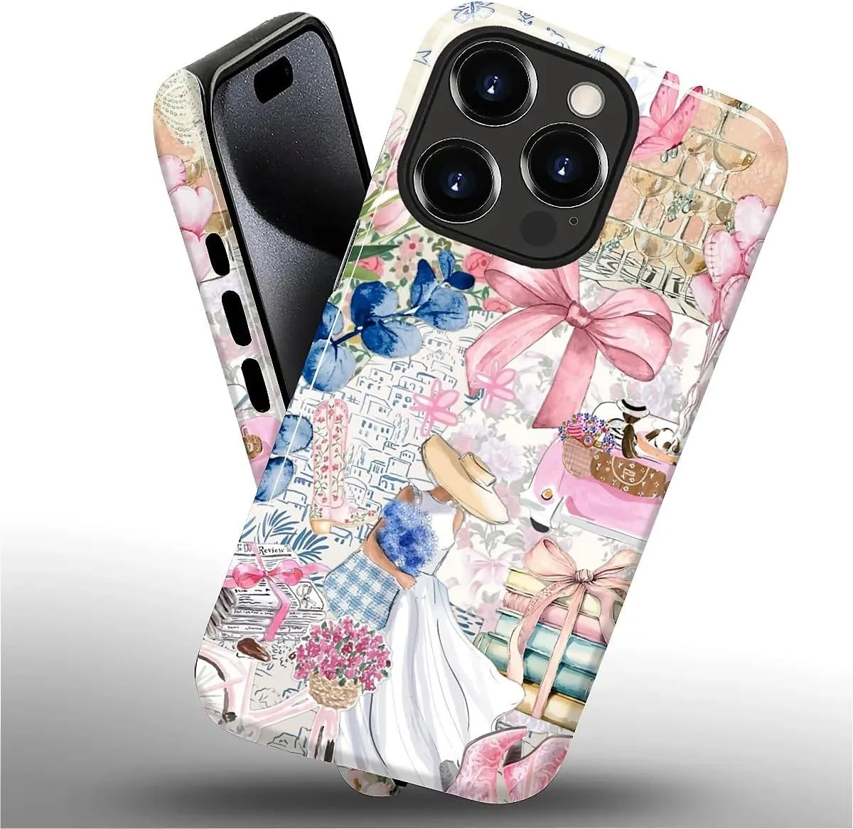 DAIZAG Case for iPhone 15 Pro Max,Mixed 2 Layer Design Shockproof Soft TPU Ddouble Protection Phone Case for iPhone 15 Pro Max-Magazine Books Flower Bow Collage