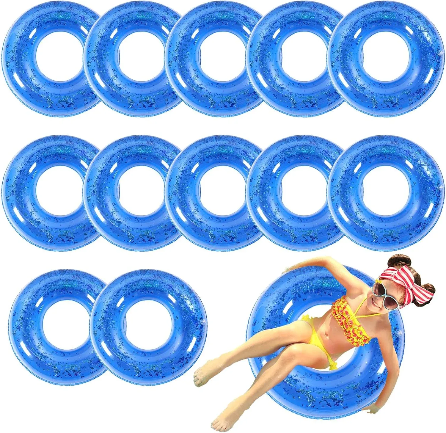 Relaxgiant 12 Pcs Pool Floats Glitter Swim Rings with Sequined, Blue