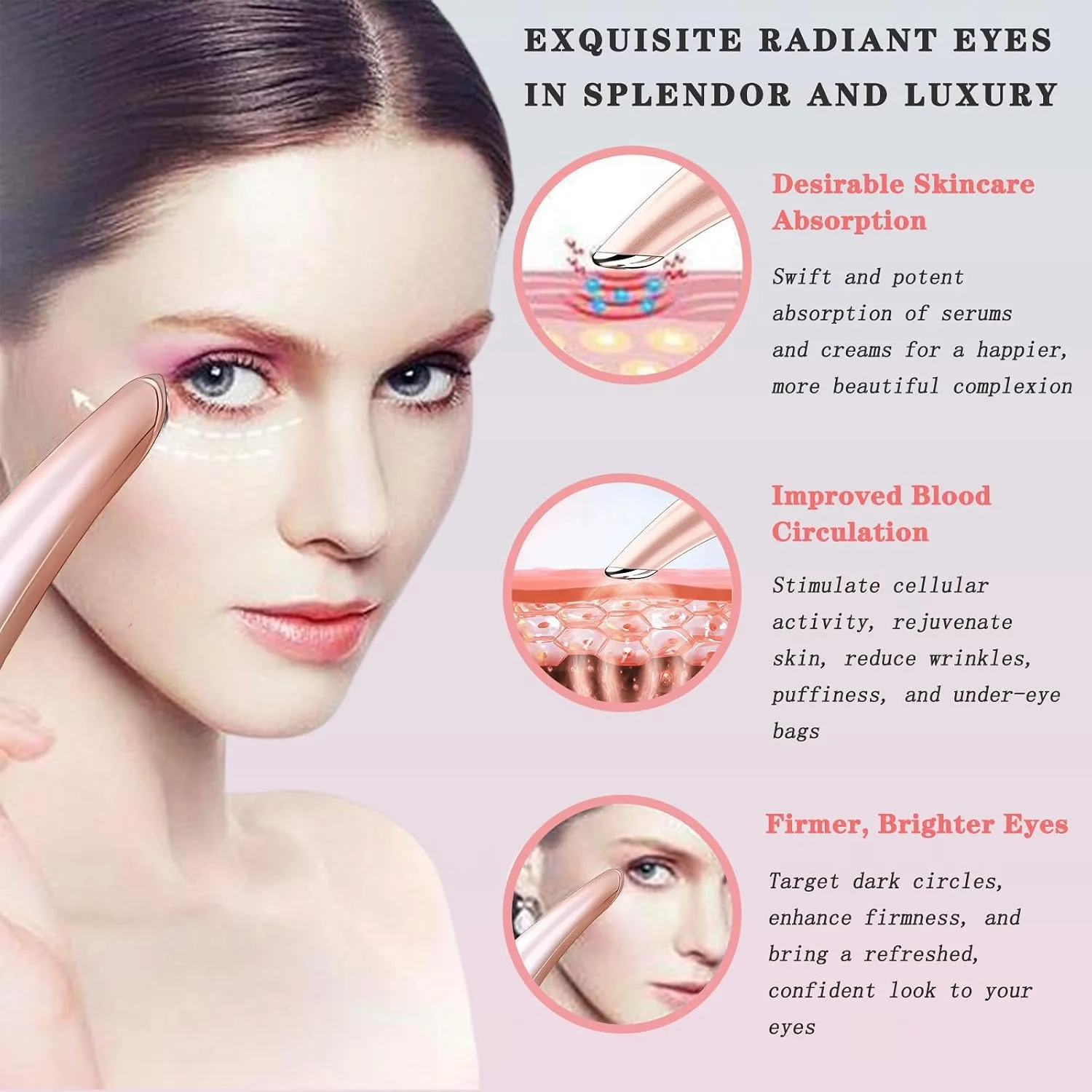Heated Eye Wand, 3-in-1 Vibrating Eye Lift Wand, Rose Gold