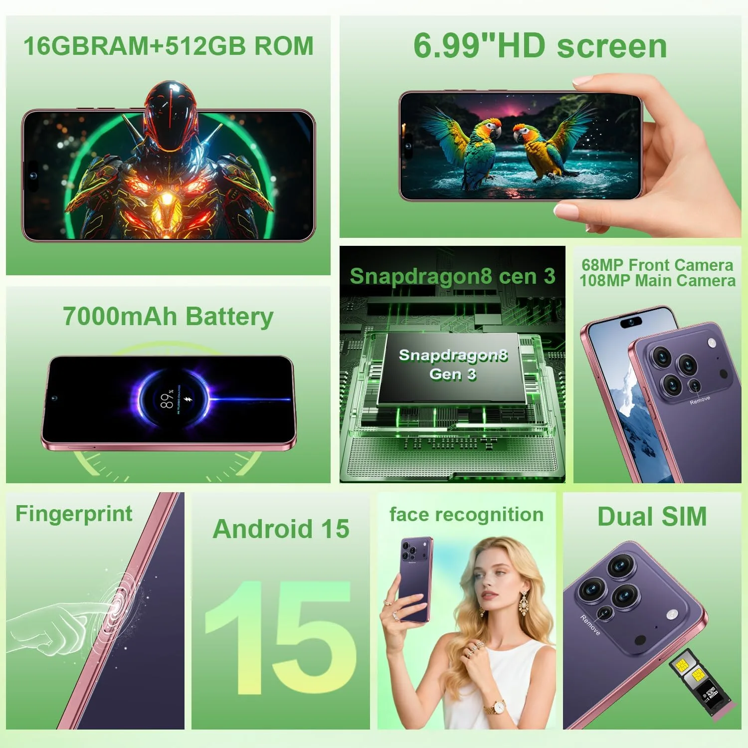 Huness 17 PM Smartphone Unlocked Cell Phone,6.99" HD Screen Unlocked Phone,16+512GB Android 15 Battery 7000mAh,Face ID/Dual SIM/5G/Fingerprint Button Unlock/Photos/GPS (Deep Purple)