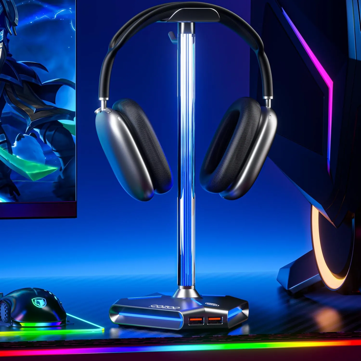 cozoo Desk headset stand Touch RGB Light Stand 4 Color Modes 2 USB Grey