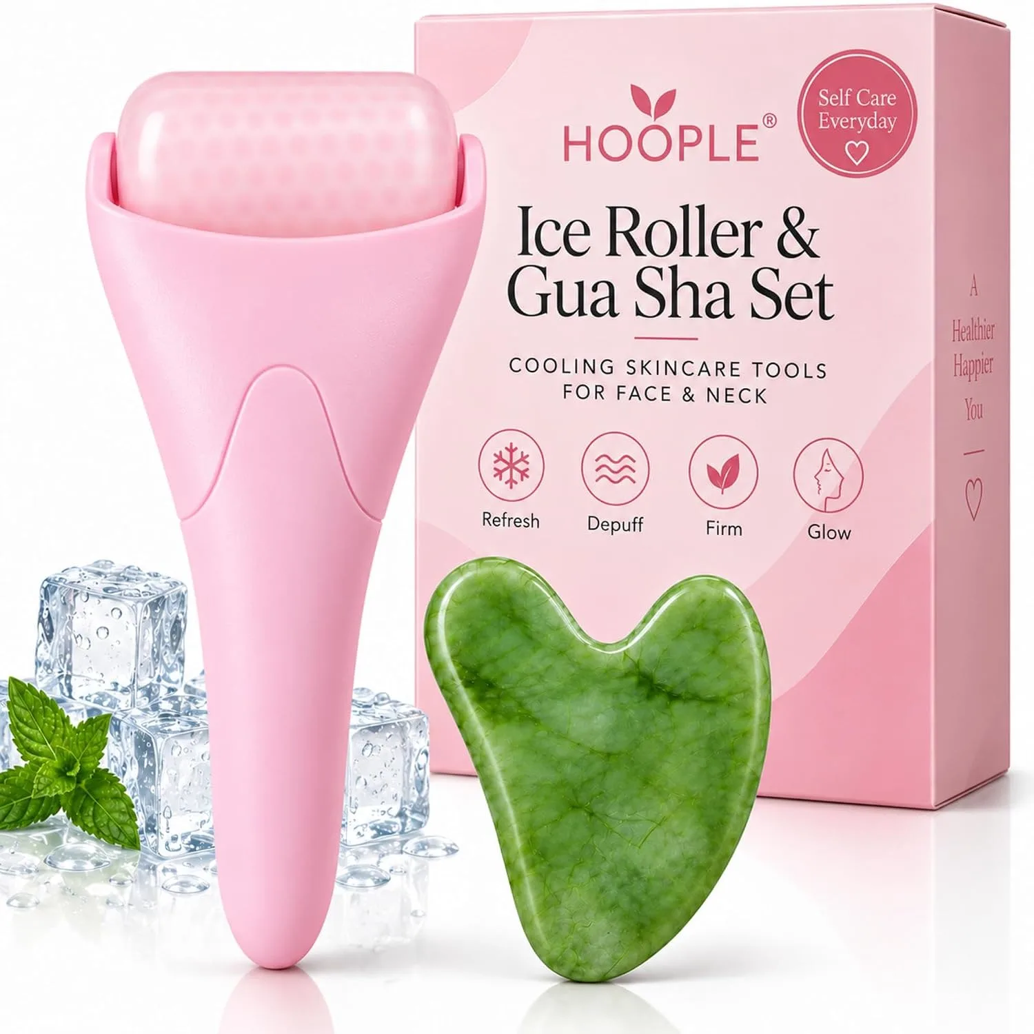 HOOPLE Ice Roller for Face & Gua Sha Set, Depuffing Pink Ice Face Roller
