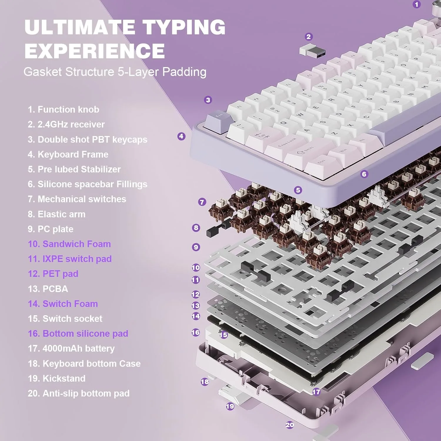 YUNZII B75 PRO 75% Wireless Mechanical Keyboard (Purple, Cocoa Cream V2)