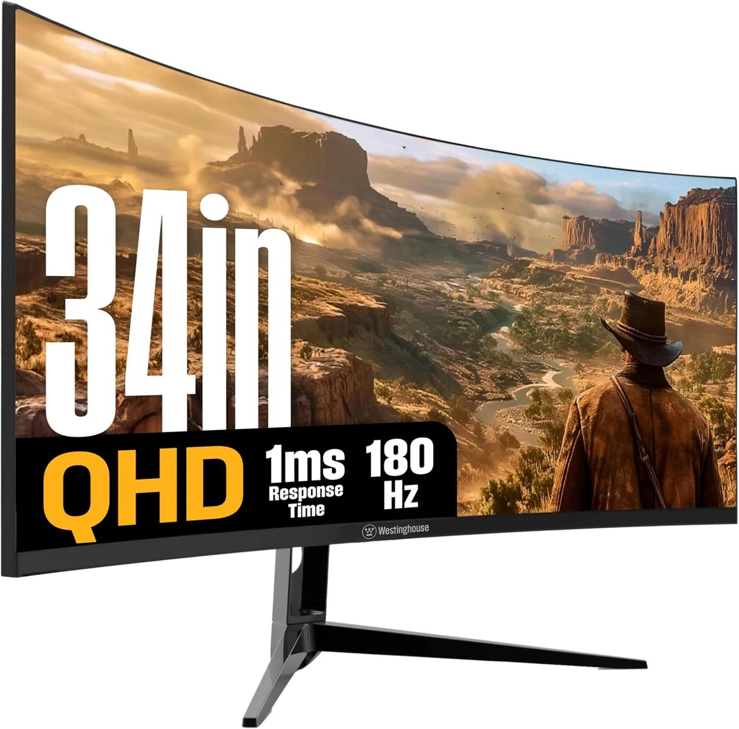 Westinghouse 34 Inch Curved Gaming Monitor, 2K Ultra-WQHD(3440x1440P), AMD FreeSync Premium, 3000:1 Contrast Ratio, 122% sRGB, 180Hz, 1ms, 1500R, Eyecare, Built-in Speakers, DisplayPortx2, HDMIx2
