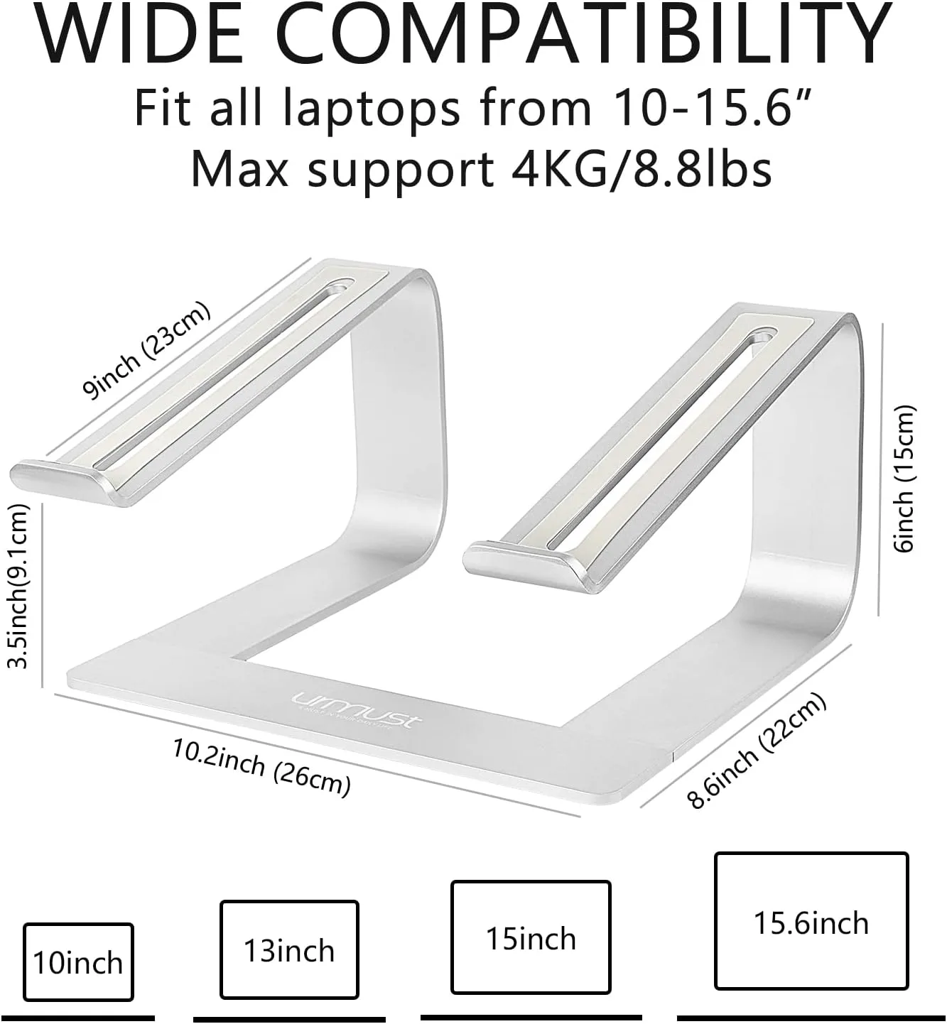 Urmust Laptop Stand for Desk, Silver, Up to 15.6" Laptop