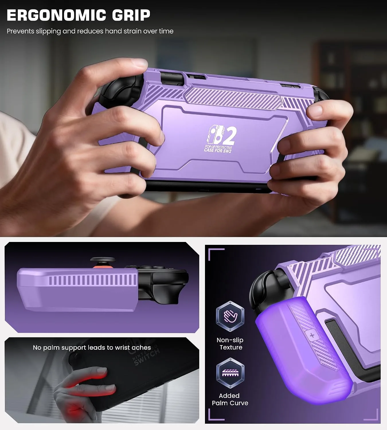 Dockable Purple Case for Switch 2,[Exclusive Pop-up Joy-Con Quick Release][Military-Grade Protection][Stand Compatible] Switch 2 Protective Case with Ergonomic Grip, Shell for Switch 2 Console