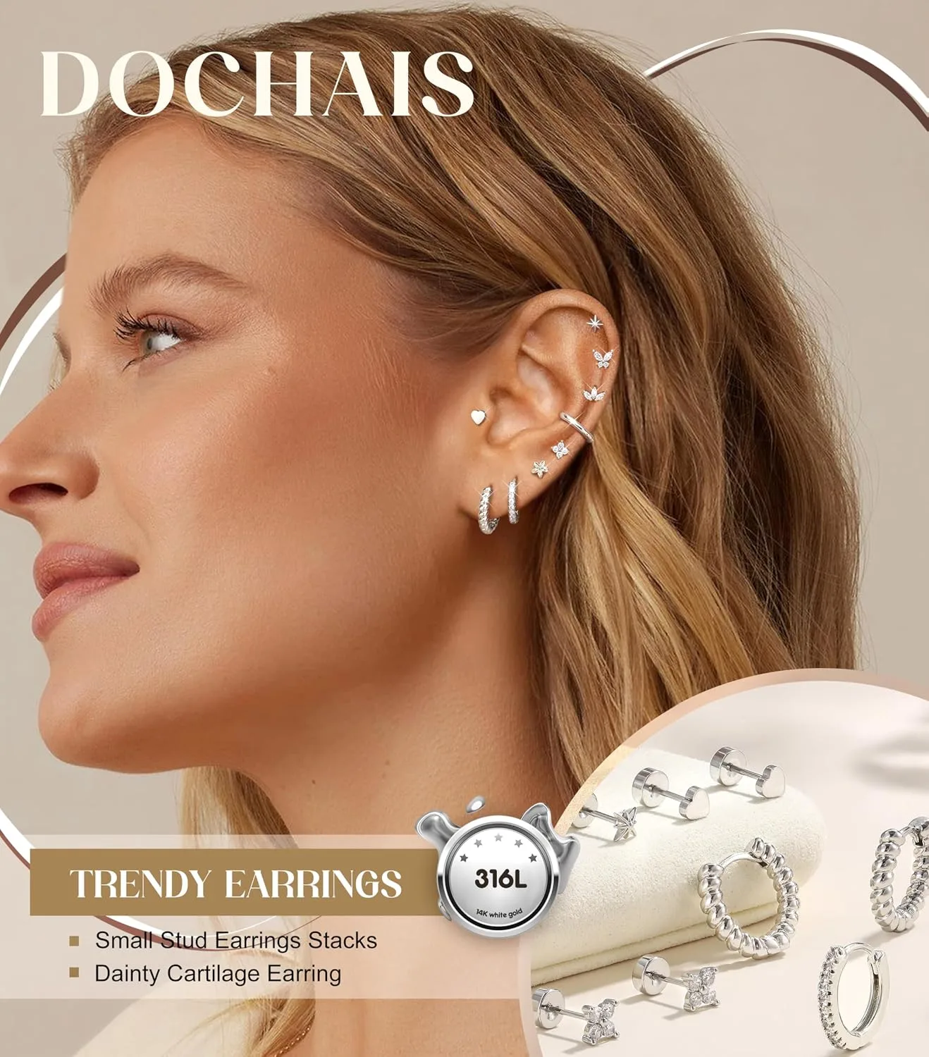 Dochais 14K Gold Plated Surgical Steel Earrings 9 Pairs Flat Back Earrings Small Cartilage Hoop Earring for Women Trendy Hypoallergenic Flatback Stud Stacks for Multiple Piercing Lightweight Jewelry