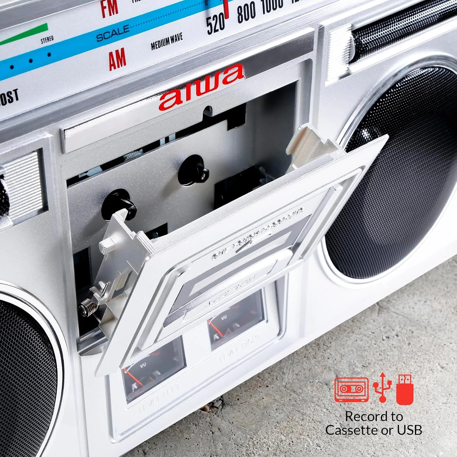 aiwa Portable Retro Boombox BackTrack Jr, Vintage Bluetooth Speaker with Cassette Player, Bluetooth, FM/AM Radio, USB & AUX for Home, Outdoor, and Travel Listening (Silver)