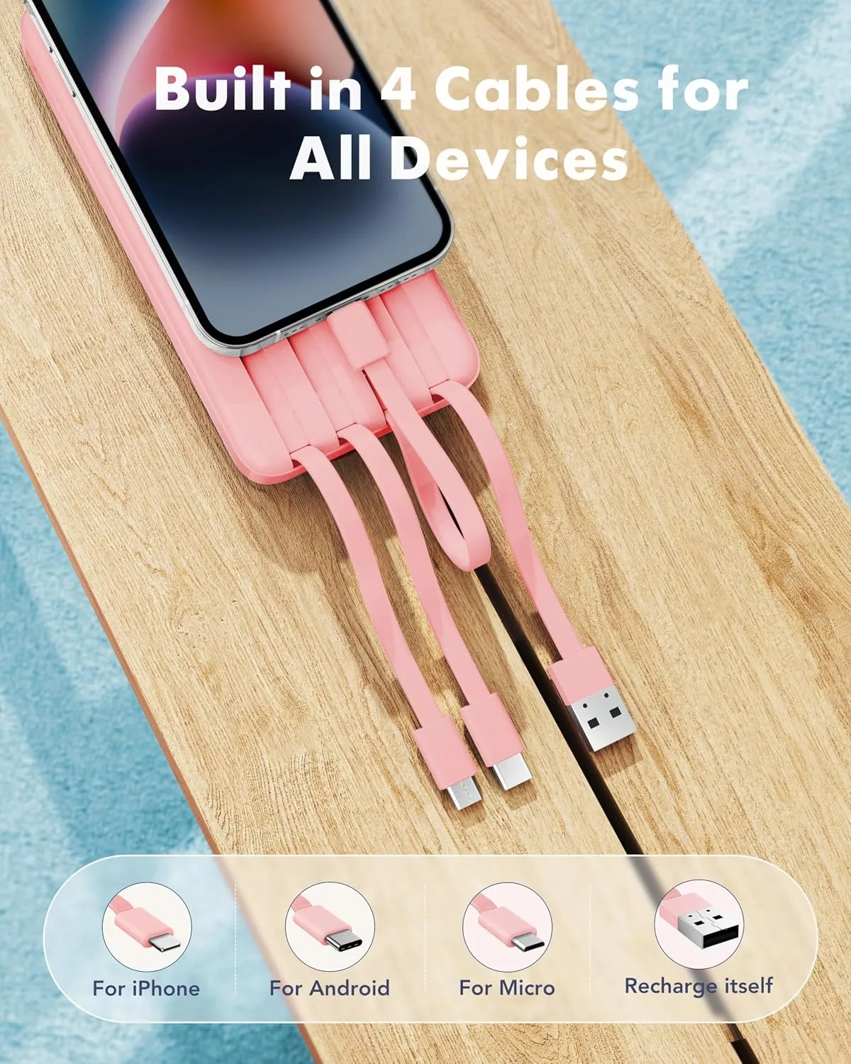 charmast Power Bank Portable Charger with Reinforced Built-in 4 Cables
