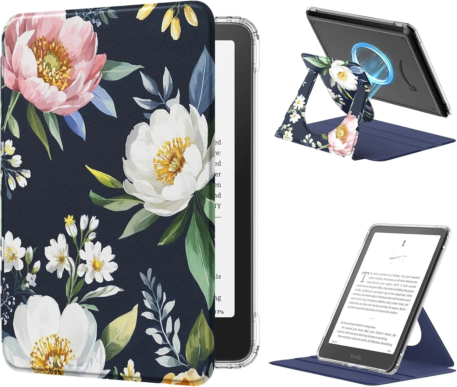 Estuche MoKo 360° Rotativo Desmontable para eBook Reader 7" Peonía sobre Azul