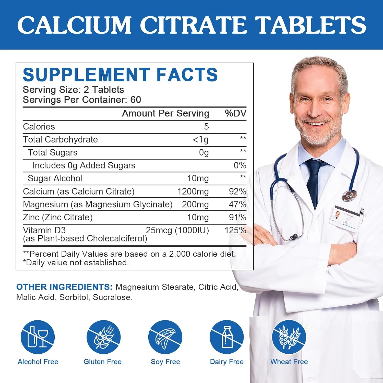Calcium Citrate 1200mg Supplement with Vitamin D3 for Women & Men, 120Ct