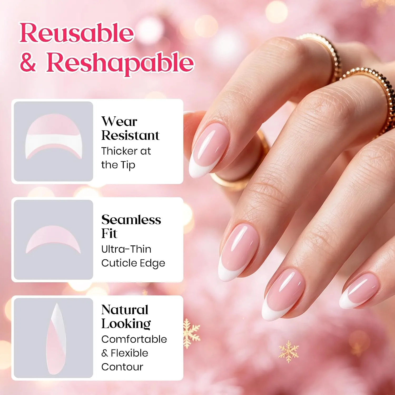 Beetles French Tips Press On Nails - 224 Pcs Short Almond Pink