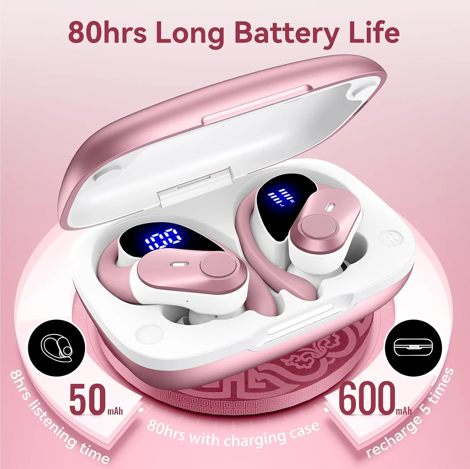 Active Noise Cancelling Ear Buds Wireless Bluetooth Headphones 80H Playtime Display Charging Case 50dB ANC Over Ear Hooks Earbuds with Hi-Res Sound Clear Calls for Sports Running Gym Workout Rose Gold