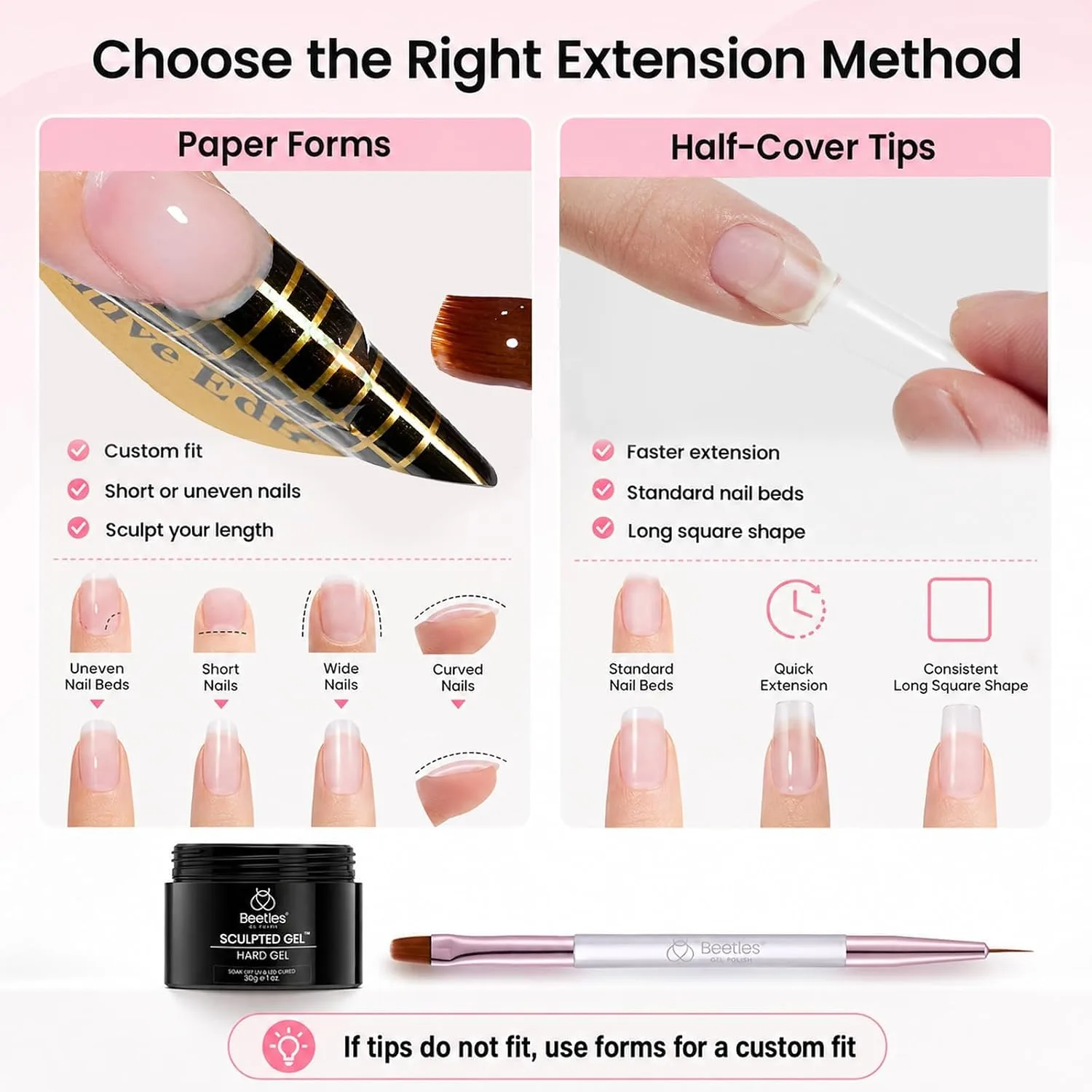 Beetles Hard Gel Nail Extension Kit, 3 Color Builder Gels & Half Cover Tips