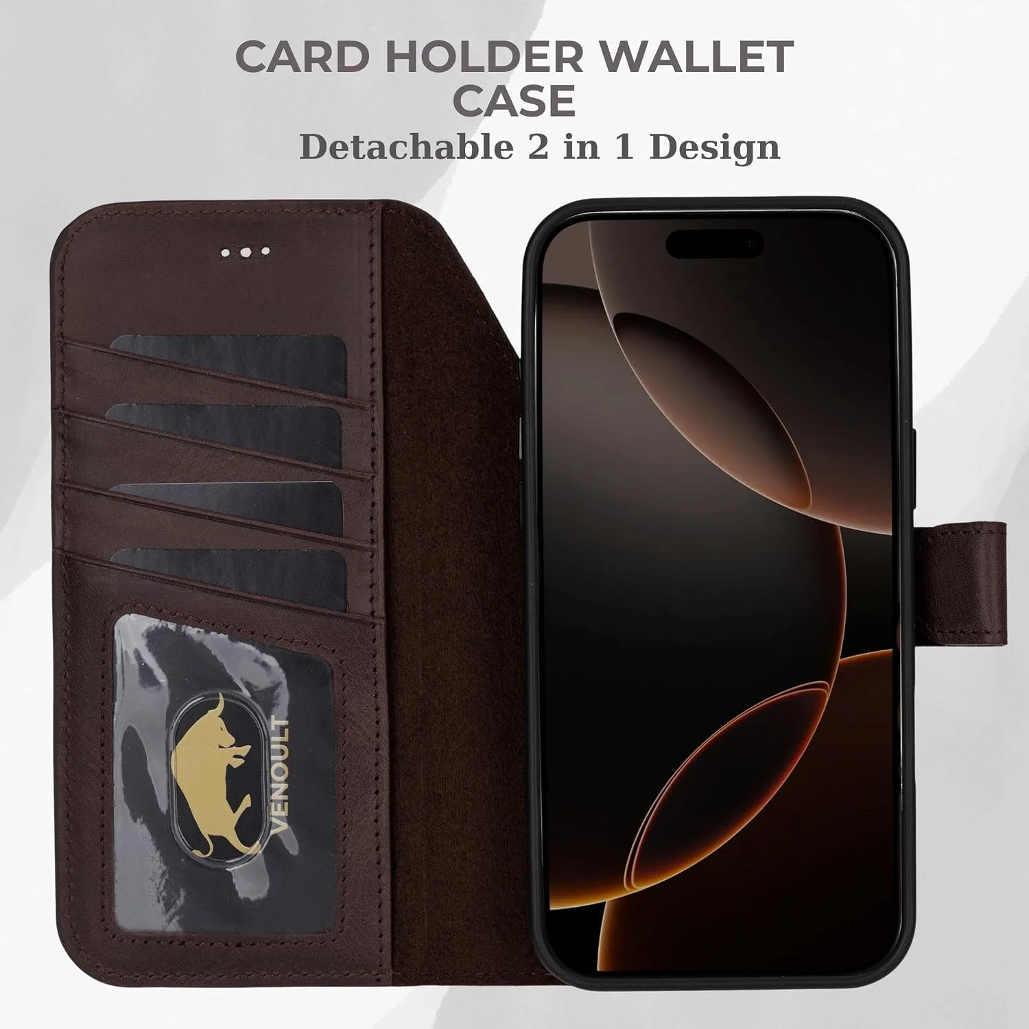 VENOULT Wallet Case for iPhone, Full Grain Genuine Turkish Leather, Magnetic Detachable, RFID 4 Card Slots, Business Style, Compatible with MagSafe (Chocolate, iPhone 16 Pro)