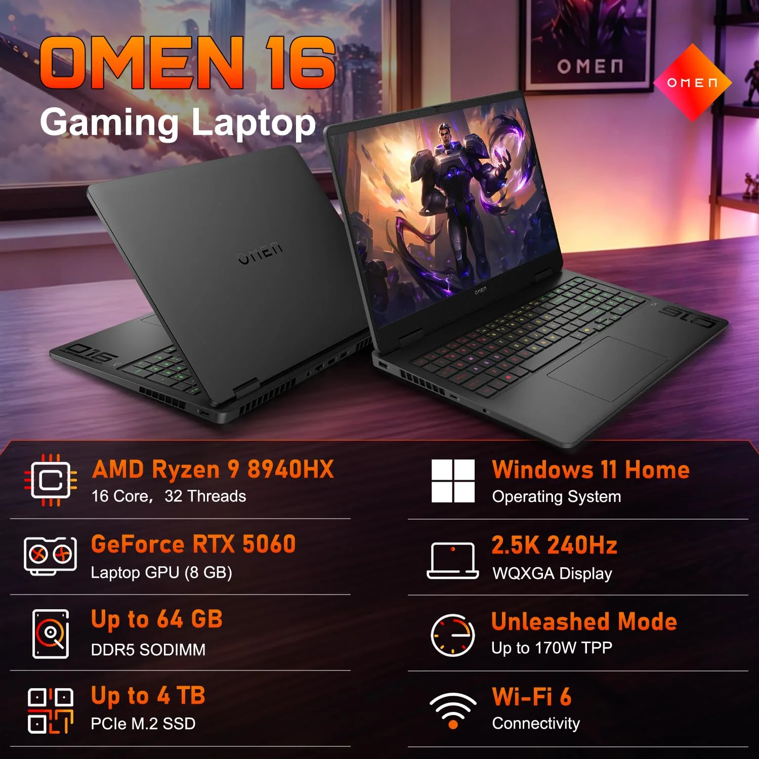 HP Omen 16" 240Hz Ryzen 9 8940HX & 5060 Gaming Laptop, 32GB DDR5 + 1TB SSD
