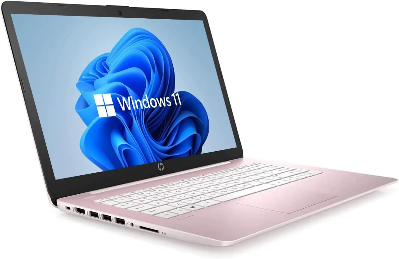 HP 14" HD Laptop, Windows 11, Intel Celeron Dual-Core Processor Up to 2.60GHz, 4GB RAM, 64GB SSD, Webcam, Dale Pink (Renewed)