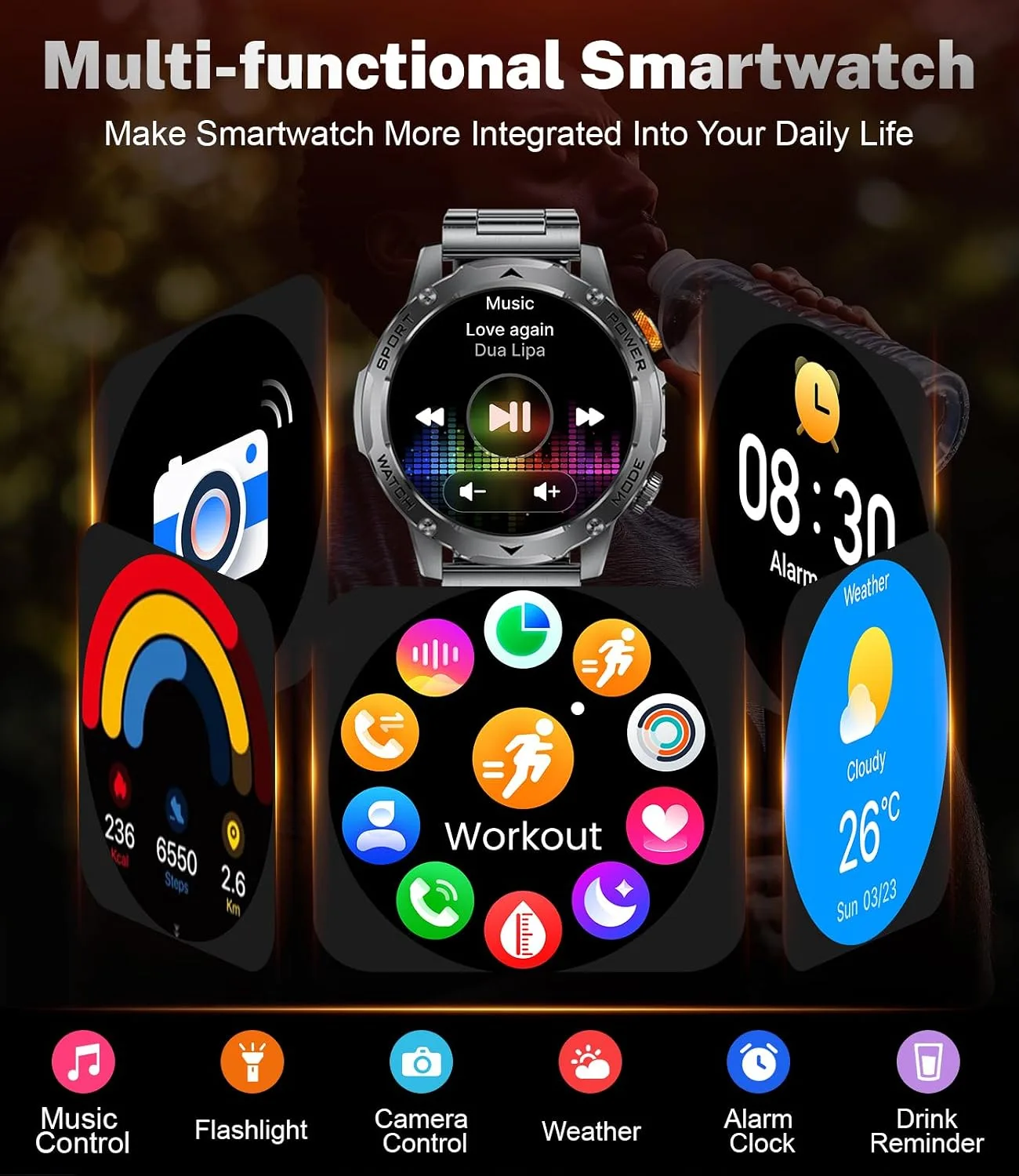 Smart Watch for Men with 1000mAh Battery/Flashlight, 1.75'' Military Smartwatch with 5ATM Waterproof/Heart Rate/Sleep Monitor,Answer Make Calls Fitness Tracker for Android iPhone Carbon