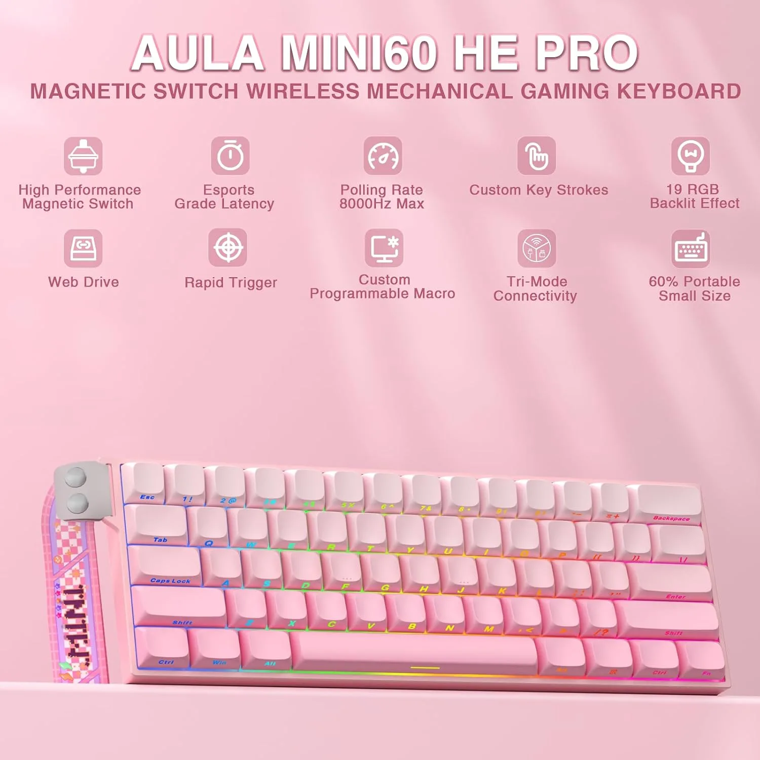 Aula MINI60 HE PRO Wireless Gaming Keyboard 60%,Hall Effect Rapid Trigger Magnetic Keyboard,8000Hz Polling,Tri-Mode(BT5.0/2.4GHz/USB-C),RGB Hot Swappable Compact Pink Mechanical Keyboard for Gamer