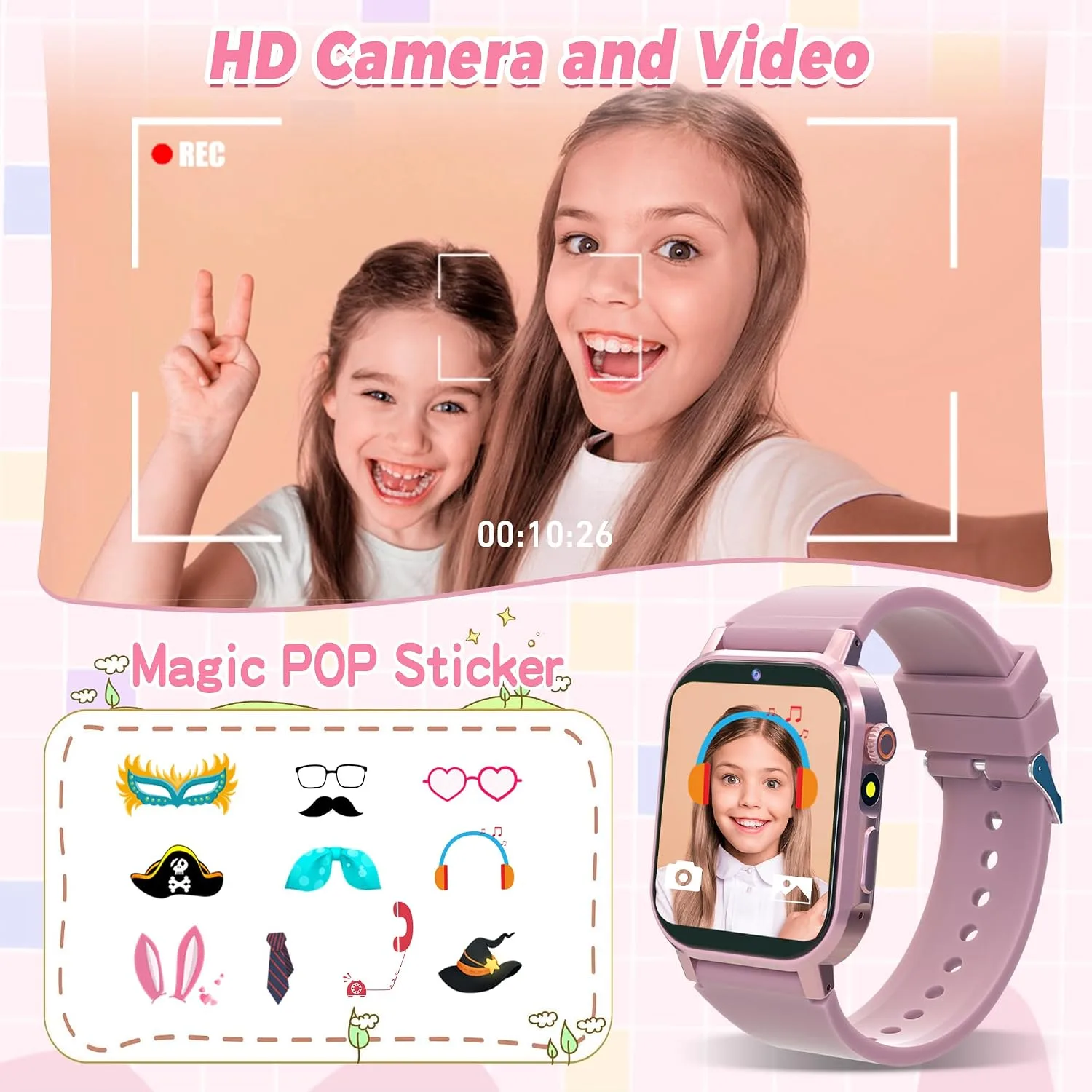 Kids Smart Watches Girls Gift Ages 3-12 with 32 Puzzle Games, Camera, Music