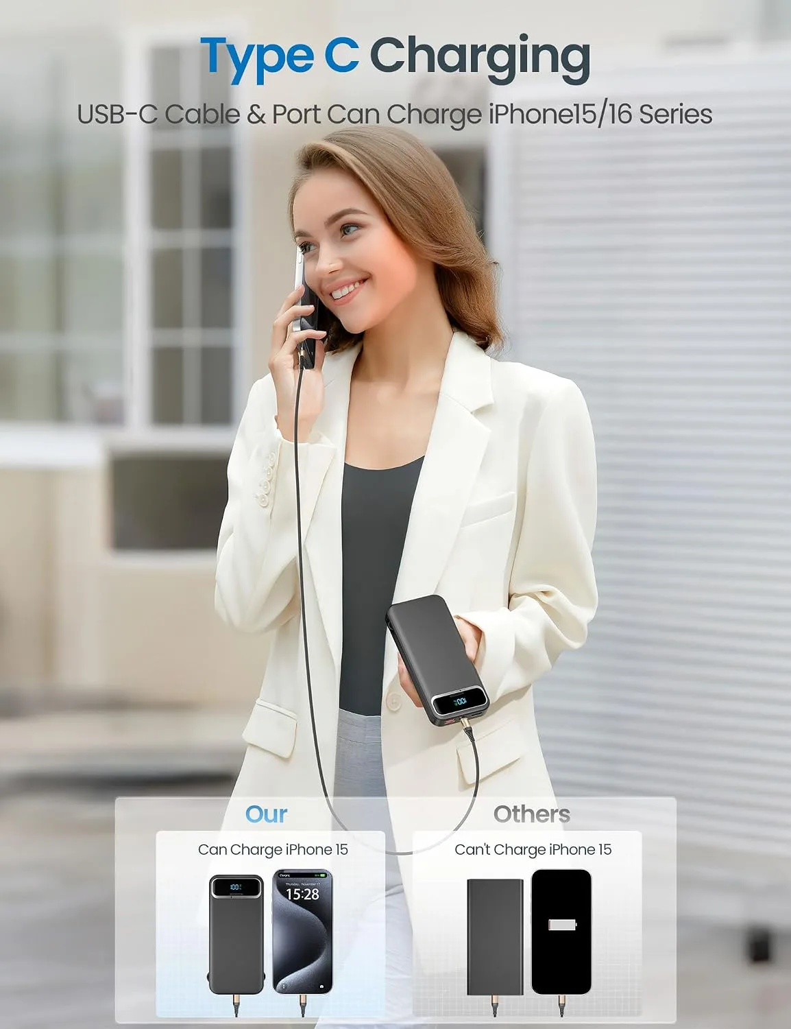 aonidi Portable Charger 12000mAh with Built-in Cables&AC Wall Plug, Black