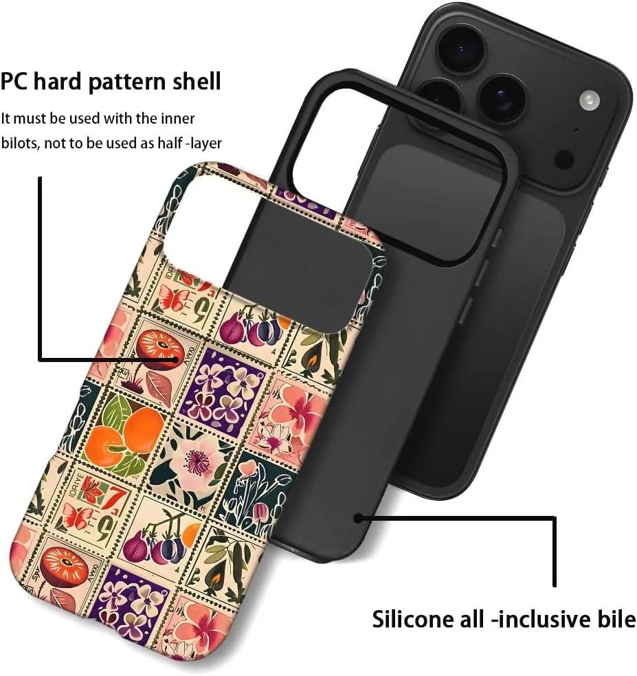 Case Compatible with iPhone 18 Pro Max/iPhone 17 Pro Max,Fall Prevention Hybrid 2-Layer Hard Shell Phone Cover for Girls Boys,Vintage Flower Orange Stamp Collage