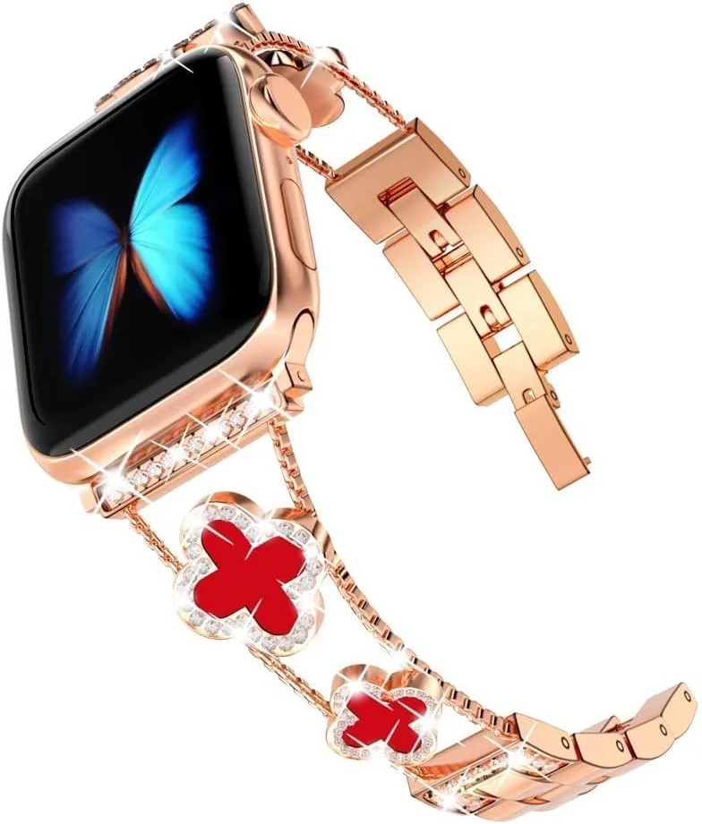 Musk-MSKR Diamond Metal Bands Add Sparkle to Your Watch For Apple Watch Series 12/11/10/9/8/7/6/5/4/3/2/SE/Ultra Clover Simple and Stylish Compatible with 38mm40mm41mm42mm44mm45mm 46mm49mm Women's Wear