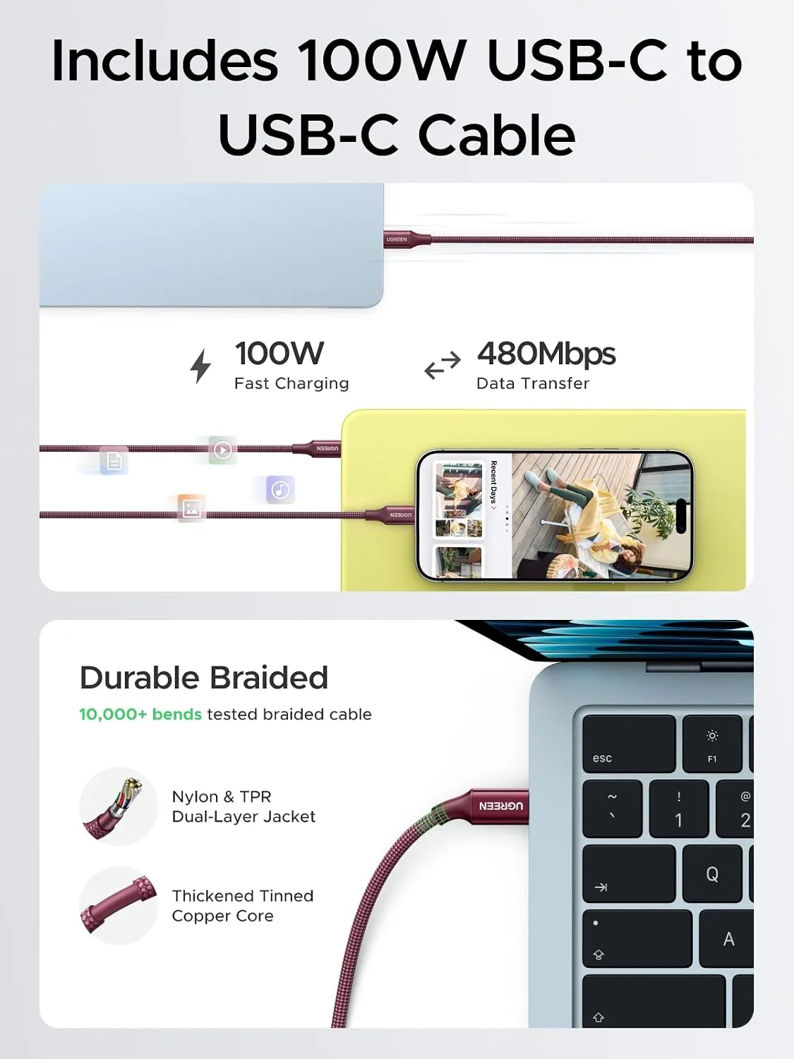 UGREEN Nexode Air 65W USB C GaN Charger Block with 3.3ft Cable, Burgundy