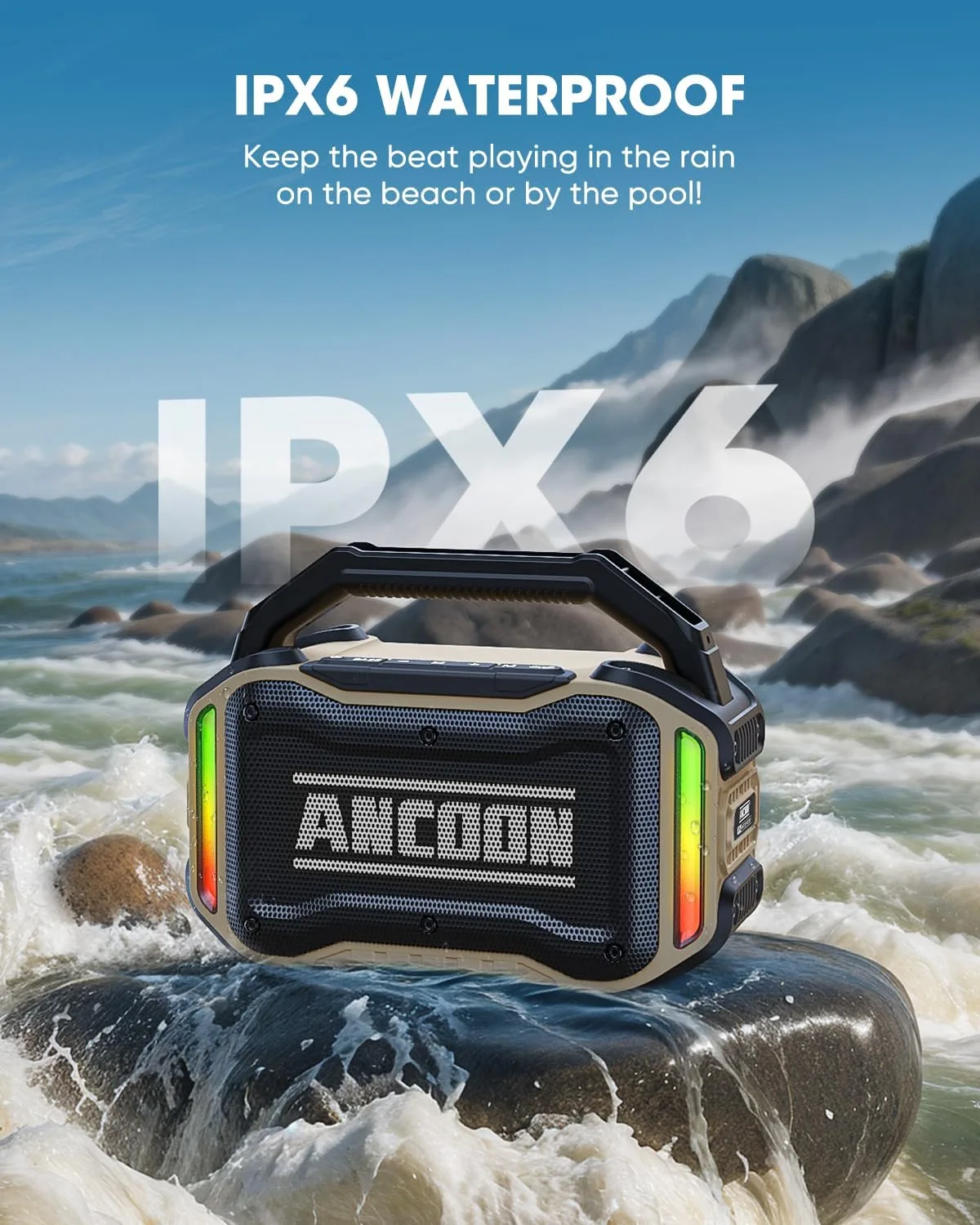 ANCOON Speakers Bluetooth Wireless: 80W(Peak) Loud Speaker with Bass, 20H Playtime, IPX6 Waterproof, Large Jobsite Speakers for Work, Outdoor, Workshop, Garage, Portable Speaker with TWS (Desert)